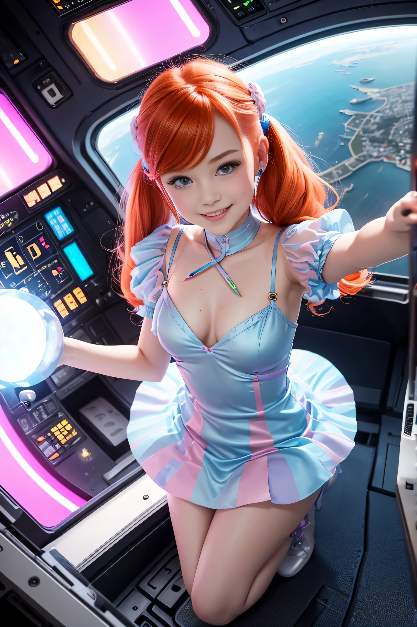 (overhead view) Cute redhead with rainbow colored hair tips, ribbons in her hair, 18-year-old woman, happy, smiling, in twin tails, perfect eyes, clear sparkling blue eyes, pale skin, silky smooth skin, flying a fancy metal luxurious space ship, futuristic cockpit, she's a pilot, outer space seen in windows, dark warm lighting, wearing a futuristic party dress, pleated (chemise) mini dress (pastel rainbow colors, and polka dots), puffy sleeves, silk, pantyhose, cute short cut booties, boots.