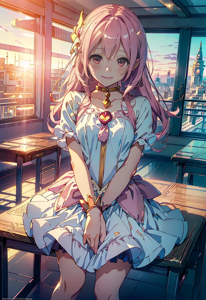 ((unity 8k wallpaper ,highest quality, masterpiece, Super detailed, High resolution, very delicate and beautiful, anime style)),((character_ Magical Girl Magi Madokesu,Kaname Madoka)),((enchanting smile)),1 girl,whole body,looking at the viewer,From above,classroom,sunlight,sunny,14 years old,small breasts,