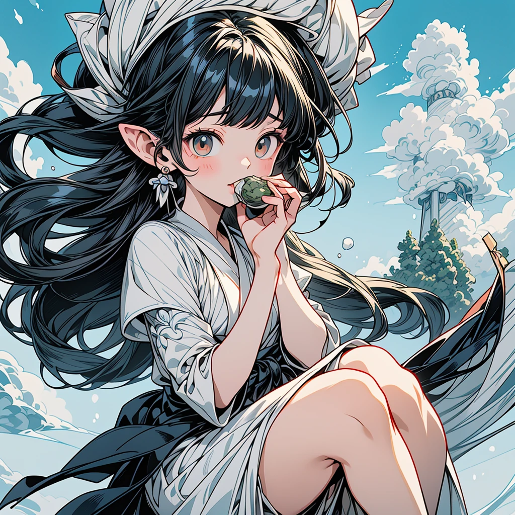 NSFW、master piece、high quality、high resolution、High resolution、high contrast、Angle looking up from diagonally below、Realistic anime style、Rich and delicate drawings、Triangular rice balls、(Girl eating a large triangular rice ball with seaweed)、Cute girl with swollen cheeks、Plenty of rice balls、Eating happily and deliciously、Cute and comical anime-style illustrations