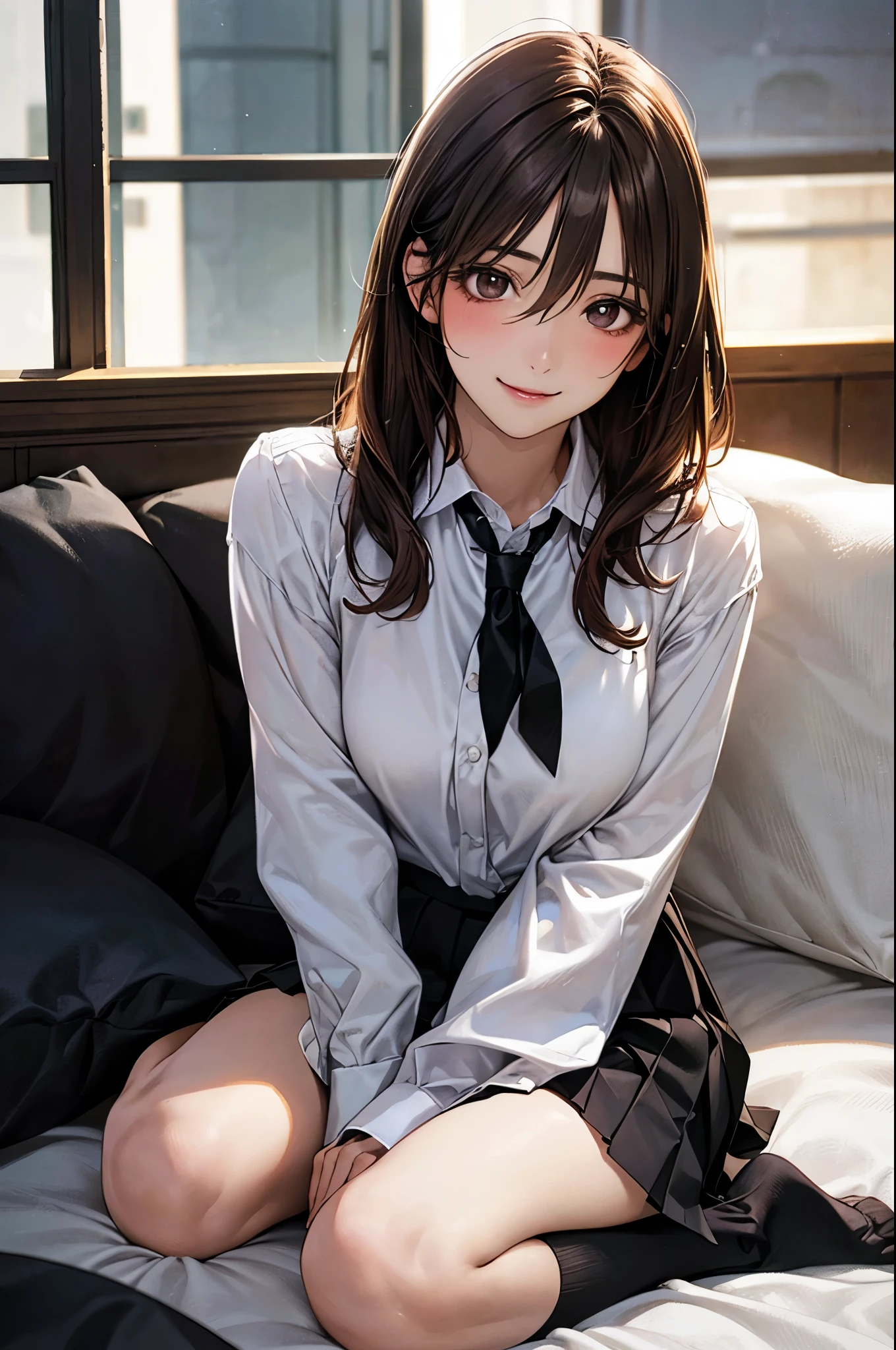 Sleeping Girl, 18 years old, Realistic, Wearing cloth panties and a black long cardigan(Close white shirt buttons), Open legs, Expressions of satisfaction and relief, Brown hair. Pink bed theme and some cute stuffed animals on the bed,An ultra-high picture quality,high-detail,Awaken,