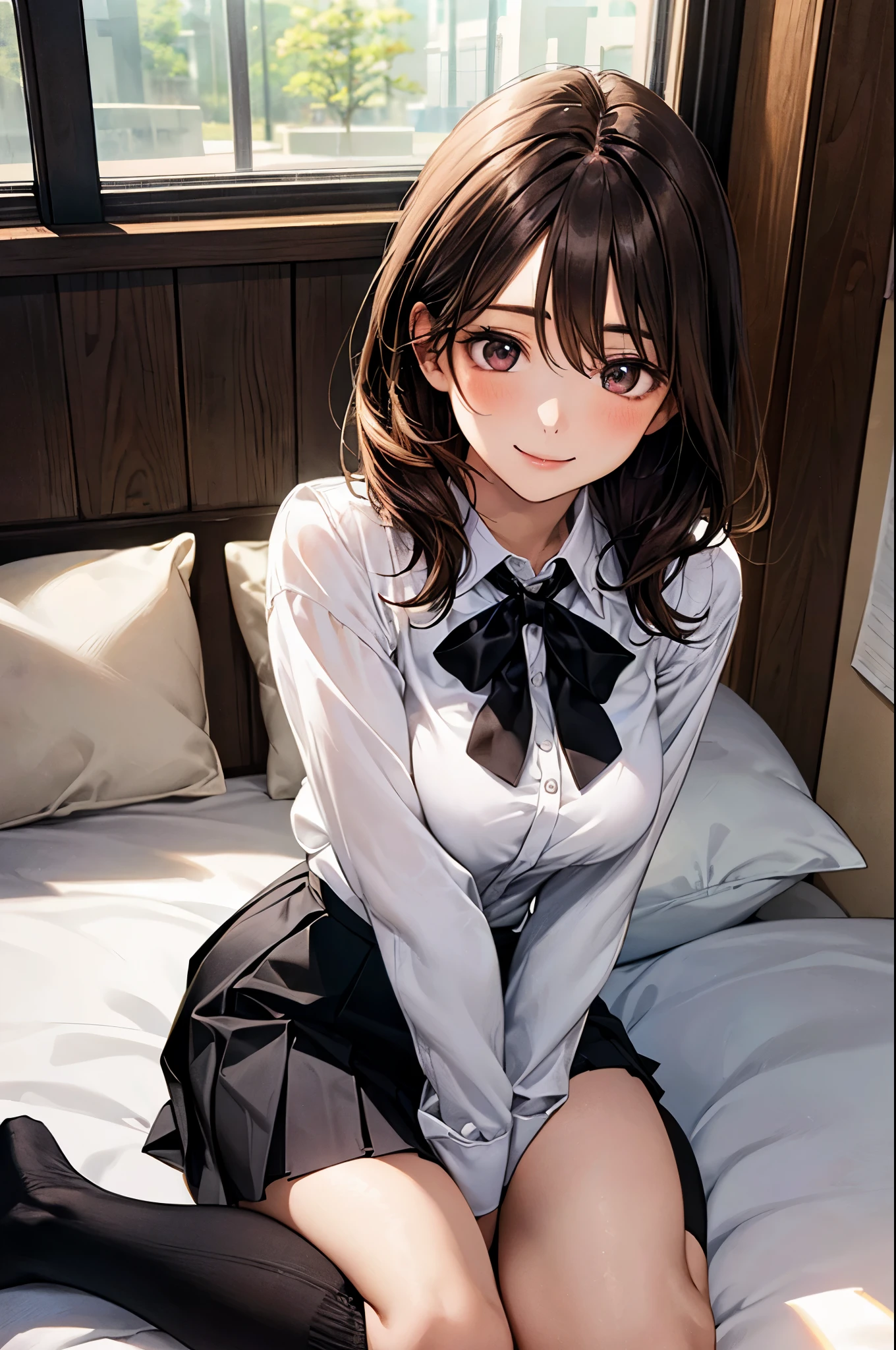 (masterpiece:1.2, top-quality), (realistic, photorealistic:1.4), beautiful illustration, (natural side lighting, movie lighting),
looking at viewer, cowboy shot, front view:1.0, 1 girl, japanese, high school girl, perfect face, cute and symmetrical face, shiny skin,
(middle hair:1.0, lob:1.0, brown hair), hair between eyes, dark brown eyes, long eye lasher, (large breasts:0.6, seductive thighs),
beautiful hair, beautiful face, beautiful detailed eyes, beautiful clavicle, beautiful body, beautiful chest, beautiful thigh, beautiful legs, beautiful fingers,
((long sleeve white collared shirts, black pleated skirt, black tie, black socks)),
(beautiful scenery), evening, girl's room, wariza, cushion, (lovely smile, upper eyes),