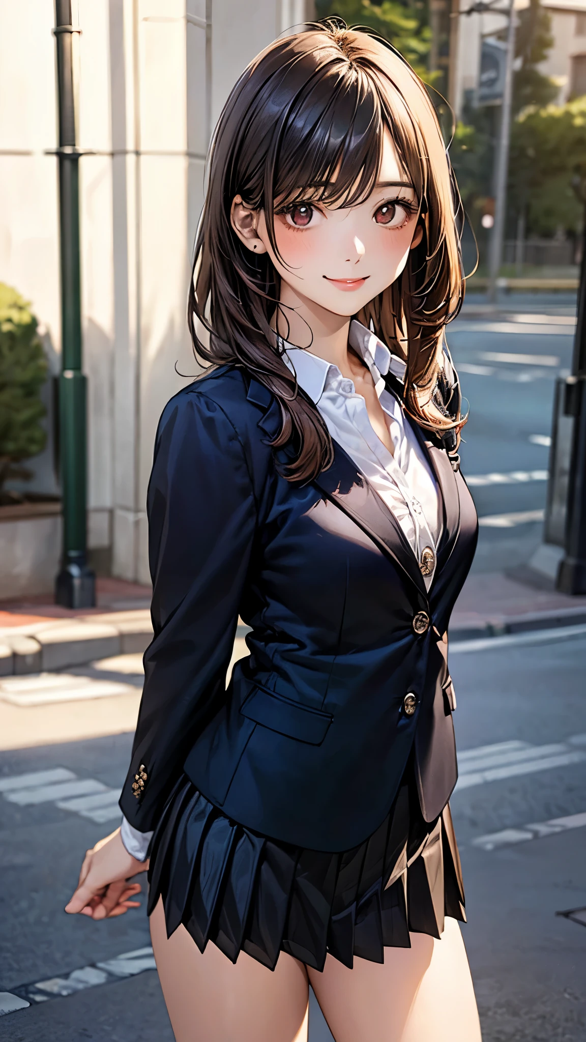 (masterpiece:1.2, top-quality), (realistic, photorealistic:1.4), beautiful illustration, (natural side lighting, movie lighting), 
looking at viewer, cowboy shot, front view, 1 girl, japanese, high school girl, perfect face, cute and symmetrical face, shiny skin, 
(middle hair:1.0, lob:1.0, brown hair), swept bangs, dark brown eyes, long eye lasher, (large breasts:0.6, seductive thighs), 
beautiful hair, beautiful face, beautiful detailed eyes, beautiful clavicle, beautiful body, beautiful chest, beautiful thigh, beautiful legs, beautiful fingers, 
(((black blazer, close blazer), long sleeve white collared shirts, black pleated skirt, black socks)), 
(beautiful scenery), evening, street, standing, (lovely smile, upper eyes), 