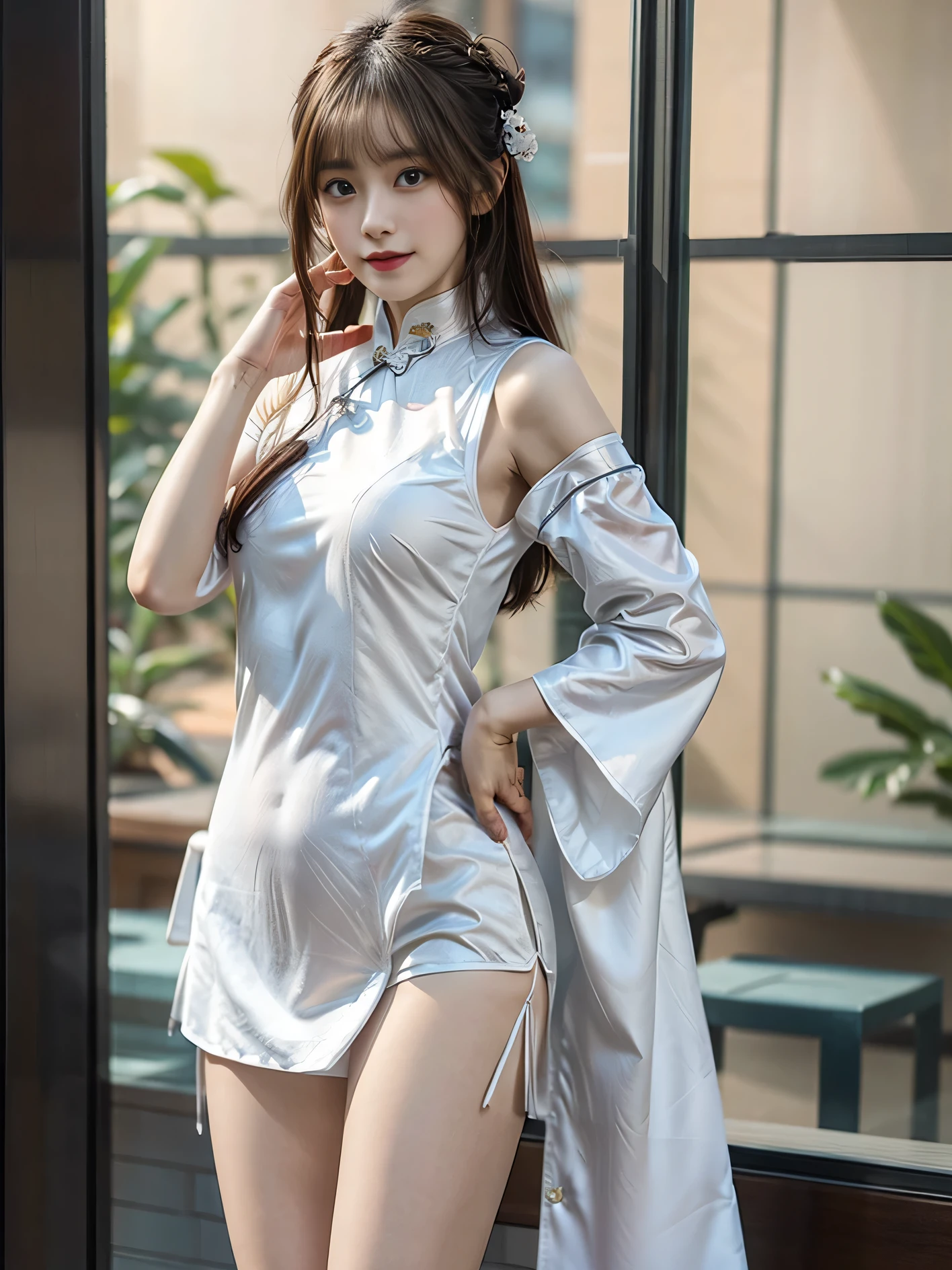 1 girl，20 years old, 170cm tall、Physical coordination、Proportions are well-proportioned、standing beside window，Buttocks 1.2、Bright backlight, alone, {Beautiful eyes details 1.3）（round eyes：1.8） , Highly detailed facial and skin textures, Natural and soft light, dark brown hair，natural drape, Exquisite facial features, blunt bangs, beautiful korean girl, Eyes are bright, happy smile 、(She wears a white cheongsam:1.5)、Wearing red high heels，hands in pockets、E杯、Realistic cleavage，film grain，full-body shot，long legs，masterpiece, best quality, light, Super detailed,, ultra high resolution, 8k wallpaper, Perfect dynamic composition, Exquisite facial features，It's a perfect face,Facing the peak of sexual arousal, looking at the audience，hair natural，clavicle，Ultimate light and shadow，(Skin texture is extremely delicate1.3), (Perfect details: 1.1),Looks a lot like actor Li Qin，