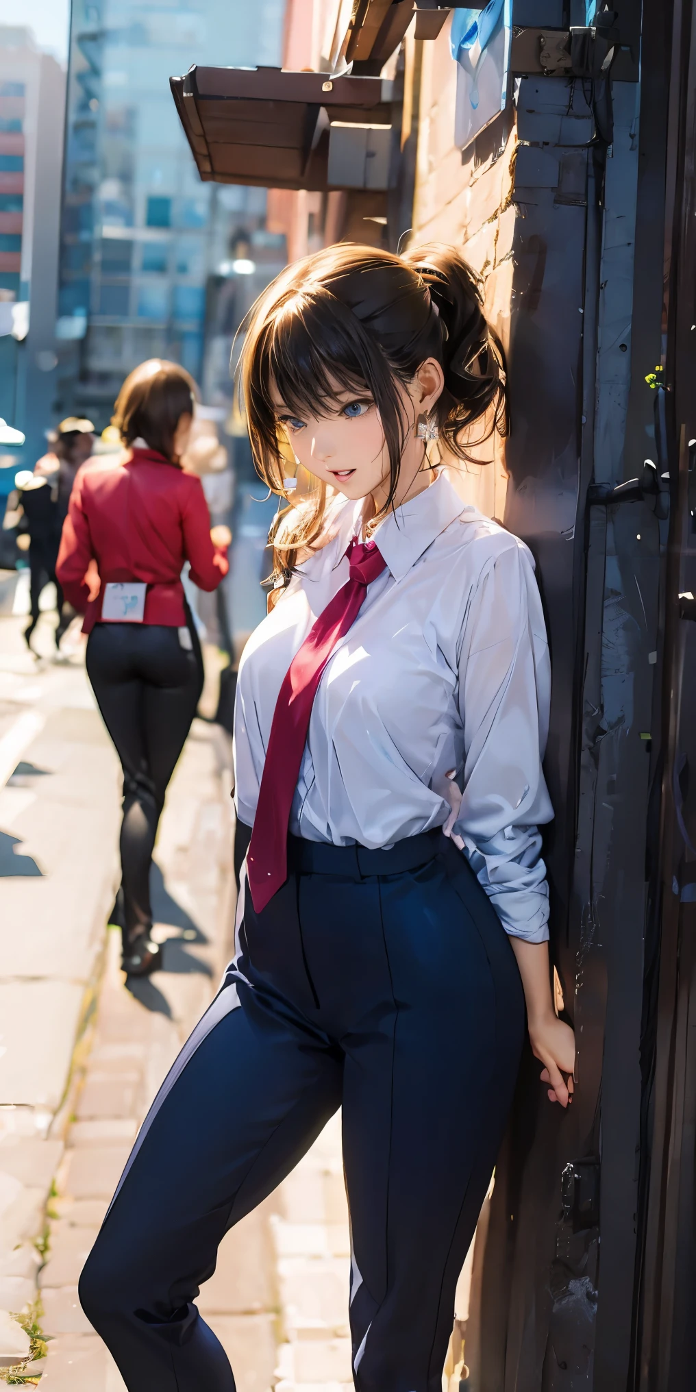 atmospheric perspective, 8K, Super detailed, Accurate, highest quality, anime background, 1 female, droopy eyes, sleepy, Low - Angle, Pants with a luxurious design and bright colors, Draw pants with super precision, thigh-high stocking, show off your panties to the camera, masturbation, ecstasy face, open your mouth, (Winter clothes of flight attendants), earrings, (hair up), (NFSW:1.4)