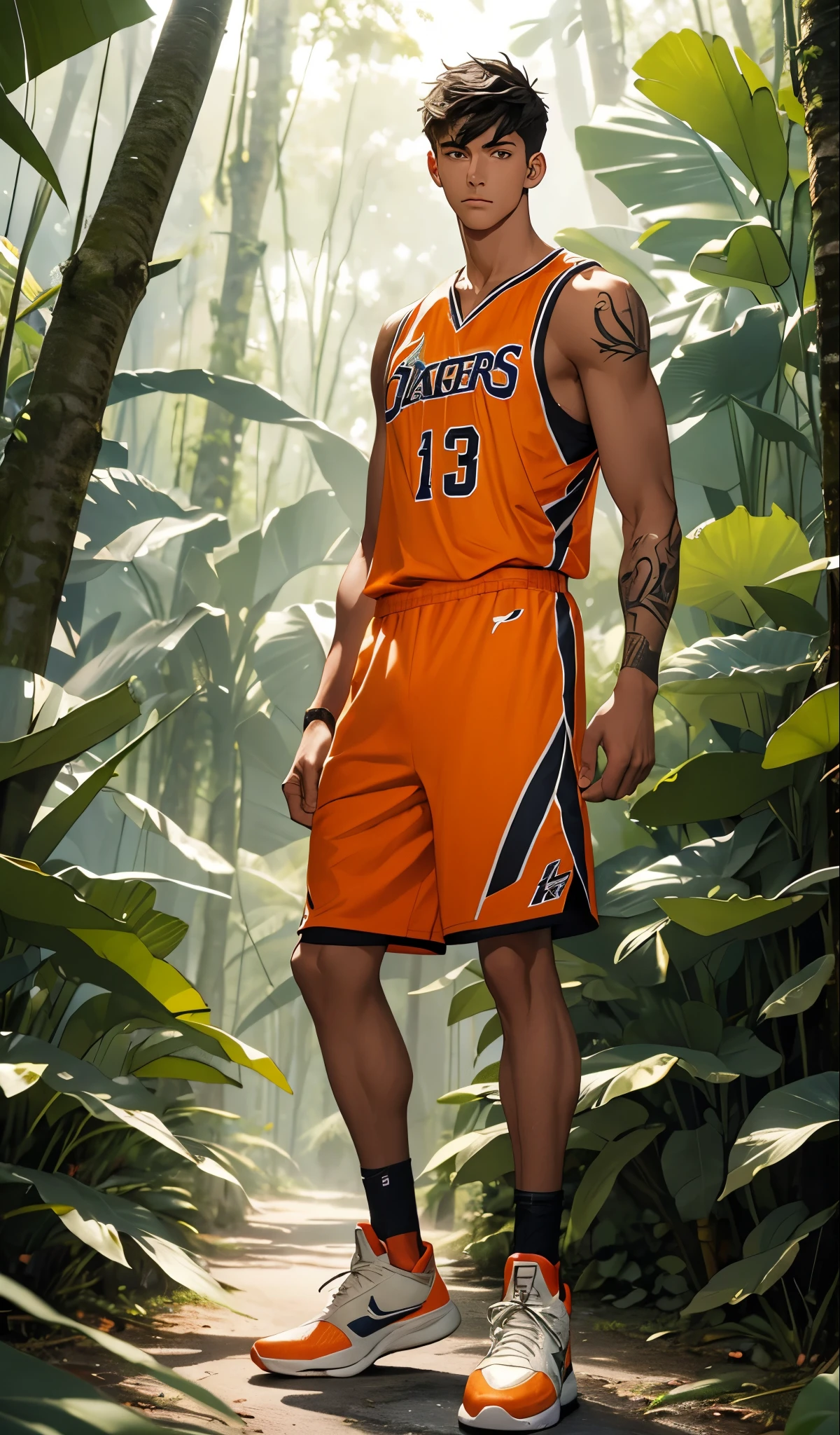 1 boy,tall and strong,perfect male figure, eyes looking at camera.(sports student,tanned skin), full body portrait,Handsome basketball shoes,(tattoo),short hair,Bracers,Feather necklace,serious expression, standing in forest,Rainforest,Ray tracing,glowing eyes