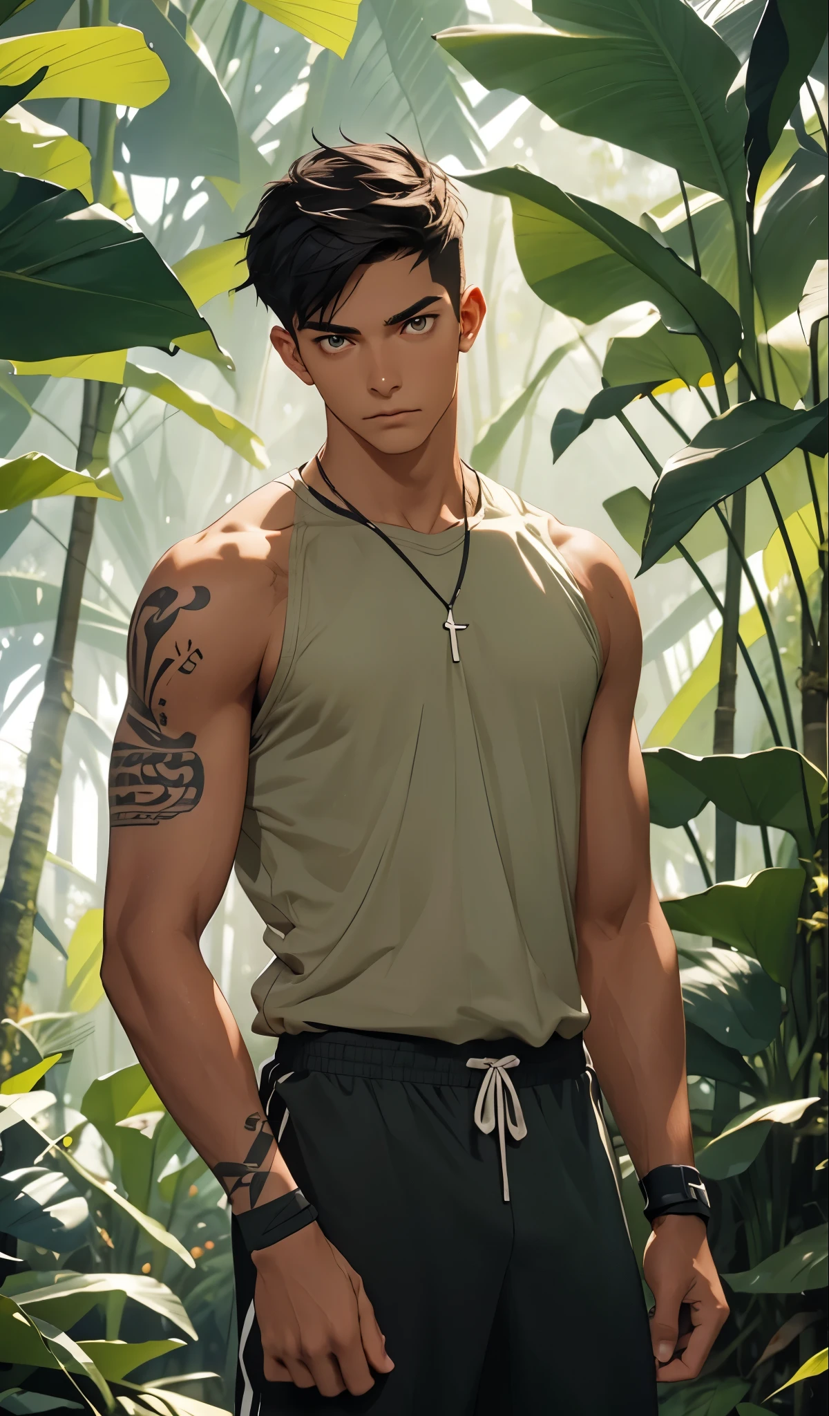 1 boy,tall and strong,perfect male figure, eyes looking at camera.(sports student), ((tanned skin)),(tattoo),short hair,Bandage wrist guards，Feather necklace,serious expression, standing in forest,Rainforest,Ray tracing，glowing eyes