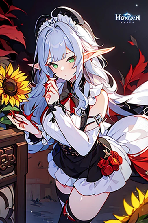 (Masterpiece)), ((Best Quality)), ((1 Girl)), ((Housekeeper)) ((Long Elf Ears))) red hair + Short curly hair + Long curved eyelashes + green eyes + Soft and feminine features + average height + femenine body + Tan skin + medium-sized hands + Long and neat nails soft skin + mole under eyes ((Maid uniform: Chinese style, shorts, thigh-high boots, apron, long fabrics, neckline" clothing color palette: white, black, silver, red wine, aquamarine and grey")) ((sunflower accessories, honkai star rail))