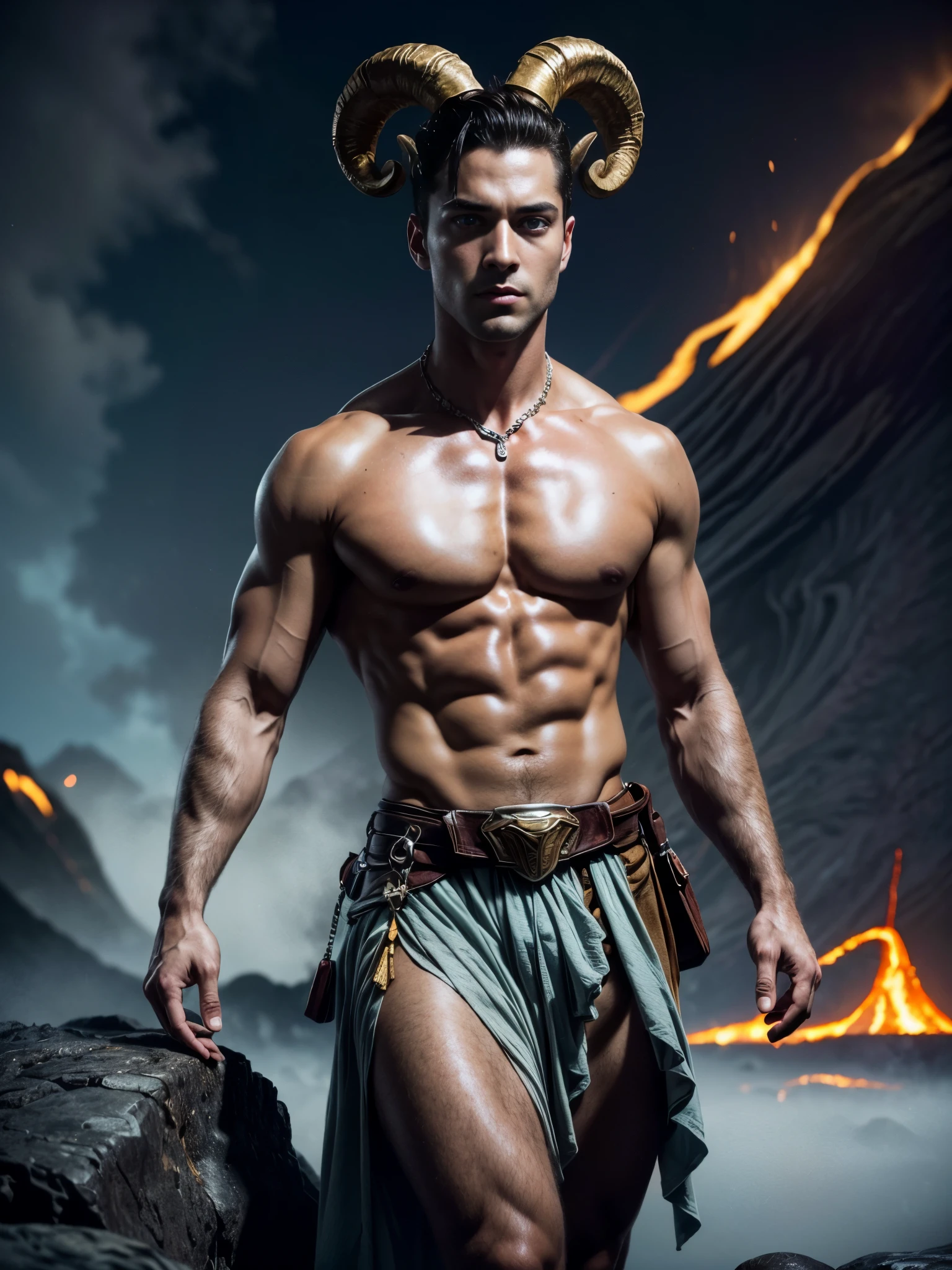 Photorealistic, ((best quality)), ((masterpiece)), (detailed), 1boy, 8k, high detailed, ultra-detailed, Stylish Pose, real skin texture, dark cinematic lighting, 24 year-old british male model, handsome italian, cute looking, divine look, powerful, (light blue eyes:1.5), (personification of Aries, the zodiac sign:1.4), Zodiac sign, aries, (wild sheep horns coming out of his hairline:1.3), (buzz cut hair:1.2), shaved face, white pale skin, amazing physic, dry messy hair, short brown wavy messy hair, strong jawline, masculine, muscular, defined fit body, hairless , shirtless, , barechested, , pantless, sinister aesthetic, black storm clouds,(rocky volcano:1.5), (lava:1.4),lava pouring , rivers of lava, walking towards the camera, isolated, in the middlea nowhere, night dark, barelegged, barechest, barefoot, antique linen spartan loincloth , white linen antique draped cloth skirt, golden chain in roman skirt,,,, dim light, (dark background:1.2), cinematic lighting, Depth of field, award-winning photography, elegant, hyperrealistic, octane render, unreal, high definition, 8k resolution, highly detailed, 8k uhd, professional lighting, photon mapping, radiosity, physically-based rendering
