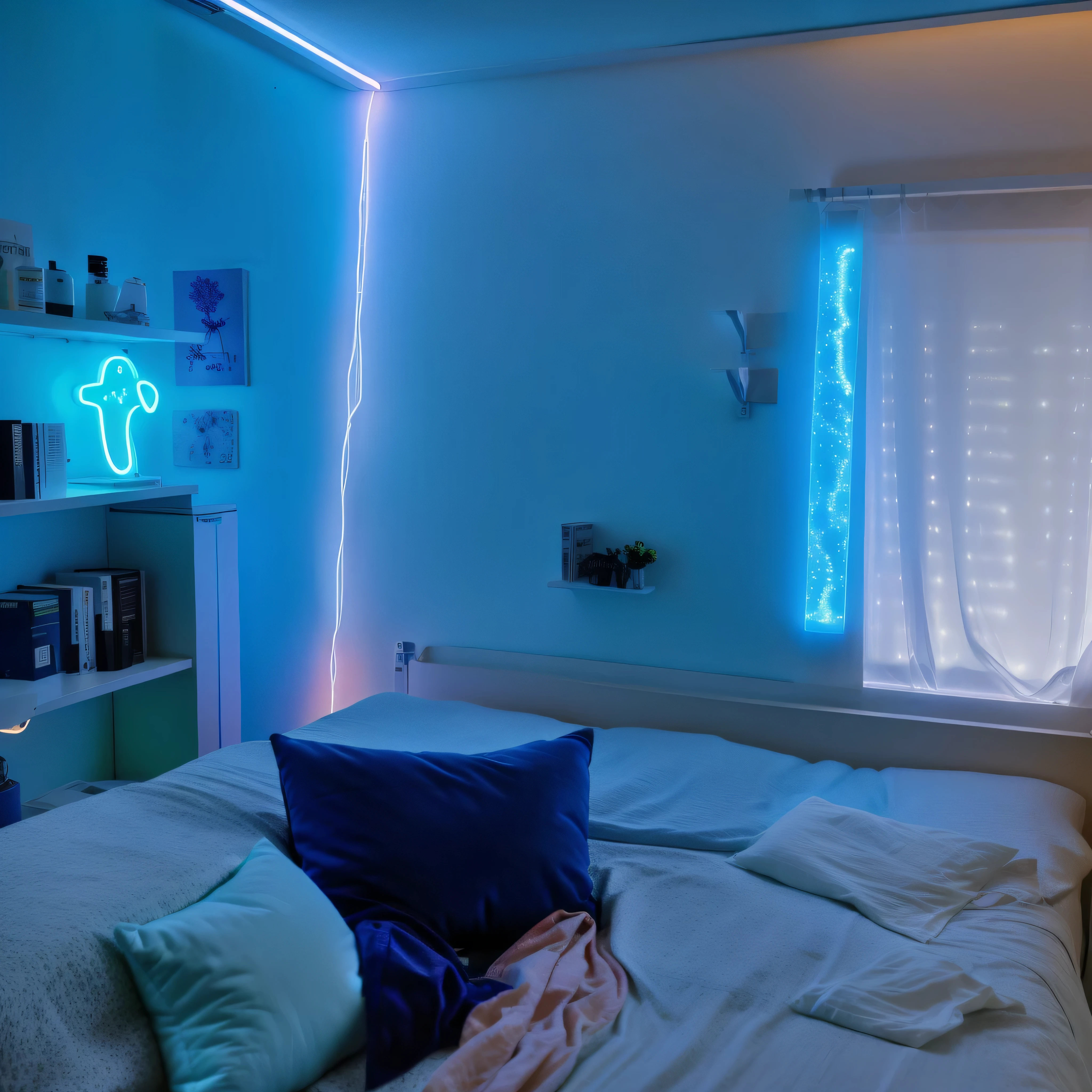 There is a bed in the corner that emits blue light, neon lights, neon lights环境照明, brightly lit blue room, Blue lights are embellished, 带neon lights, Galaxy themed room, 有neon lights, In a nautical themed room, 背景中的neon lights, blue accent lighting, beautiful ambient light, mysterious ambient lighting, 柔和的neon lights, A bright room, Cheerful ambient lighting
