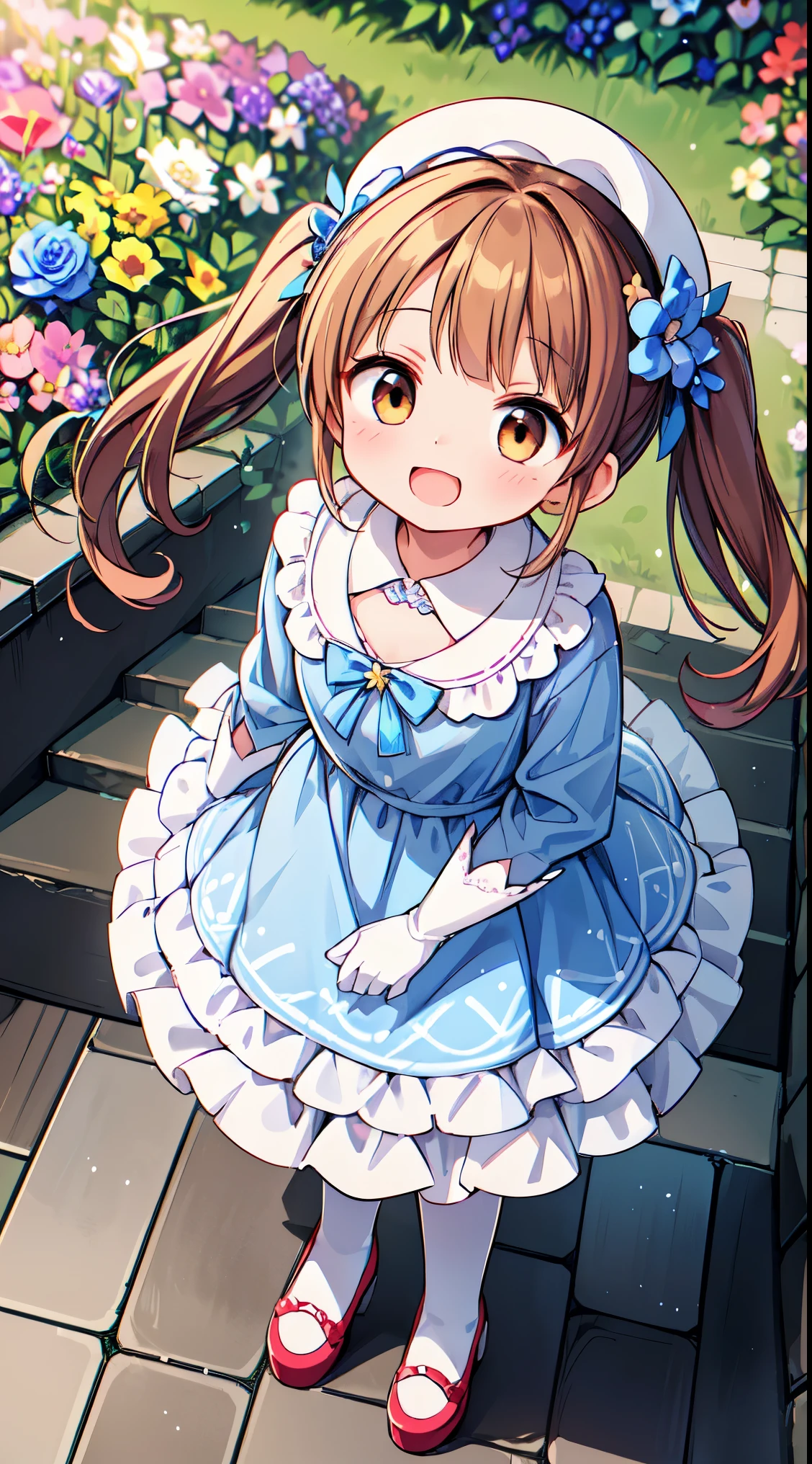 (super fine illustration:1.2),(masterpiece, 8k), (best quality, high quality:1.4), perfect anatomy, hyper detailed, ultra detailed,masterpiece background,beautiful detailed background, v8k wallpaper,perfect design,award-winning art,atmospheric,
BREAK, one beautiful girl(cute:1.5),(Little:0. 5),(cute:2.0),(change:2.0),(7 year old girl),(alone:1.65),break, (flat chest:1.2,), transparent skin, Shining beautiful skin, shy, one beautiful girl,huge (hair bow, auburn hair, twin tails:1.2), (brown eyes, long eyelashes, double eyelid: 1.2), break, Star-O \(symbol\, (gloves, white gloves 1.3), (bug, one piece,Polka dot pattern:1.3), looking at the viewer,(knee high boots:1.2),shiny skin,transparent skin, Shining beautiful skin,(highest qualityの顔),(highest qualityの目), (smile:0.5), beautiful skin, beautiful skin, (highest quality face), (highest quality slanted eyeaid clothes, gloves, open your mouth, short sleeve, smile, white gloves ,
BREAK, (music motif inspired:1.2), white lace, (closed collar long-sleeved blouse:1.2) with frilled and ribbon, a volumey pannier under a (musical note-pattern long dress:1.6) with (lots of layered frills:1.2) and ribbons, (lace ruffle socks:1.2), music-themed accessories, hat, platform shoes,BREAK, (flower garden:1.8), (magic circle:1.3), (fantasy:1.5), (long shot:1.5), Midday, (light rays:1.2), lights, blue sky, wind, fluttering petals, illusion effect, magic effect,
BREAK,wakame,wakame,wakame,(looking up,from front above:1.5)
(going up on stairs:1.5),
BREAK,(Blurry background:1.3),(absurderes, hight resolution, Super Detail Art),cel shading,Clear Color, Lonely optical effect, Beautiful pictures, Bright glow, mystic atmosphere,(Close-up of girl:1.1), Mystical light particle effect,manga influence, clean line drawings,