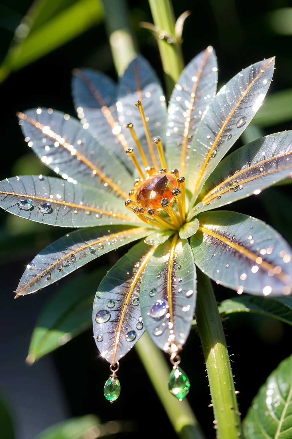 The dewdrops on the grass blades are like gems set on emeralds，Glowing with colorful brilliance。Red、White、yellow、blue、purple，Various