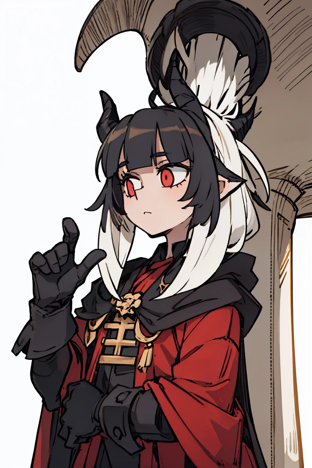 ((a woman,front,whole body)),cloak,black hair,There are white demon horns on the head,White background,Native American,feather