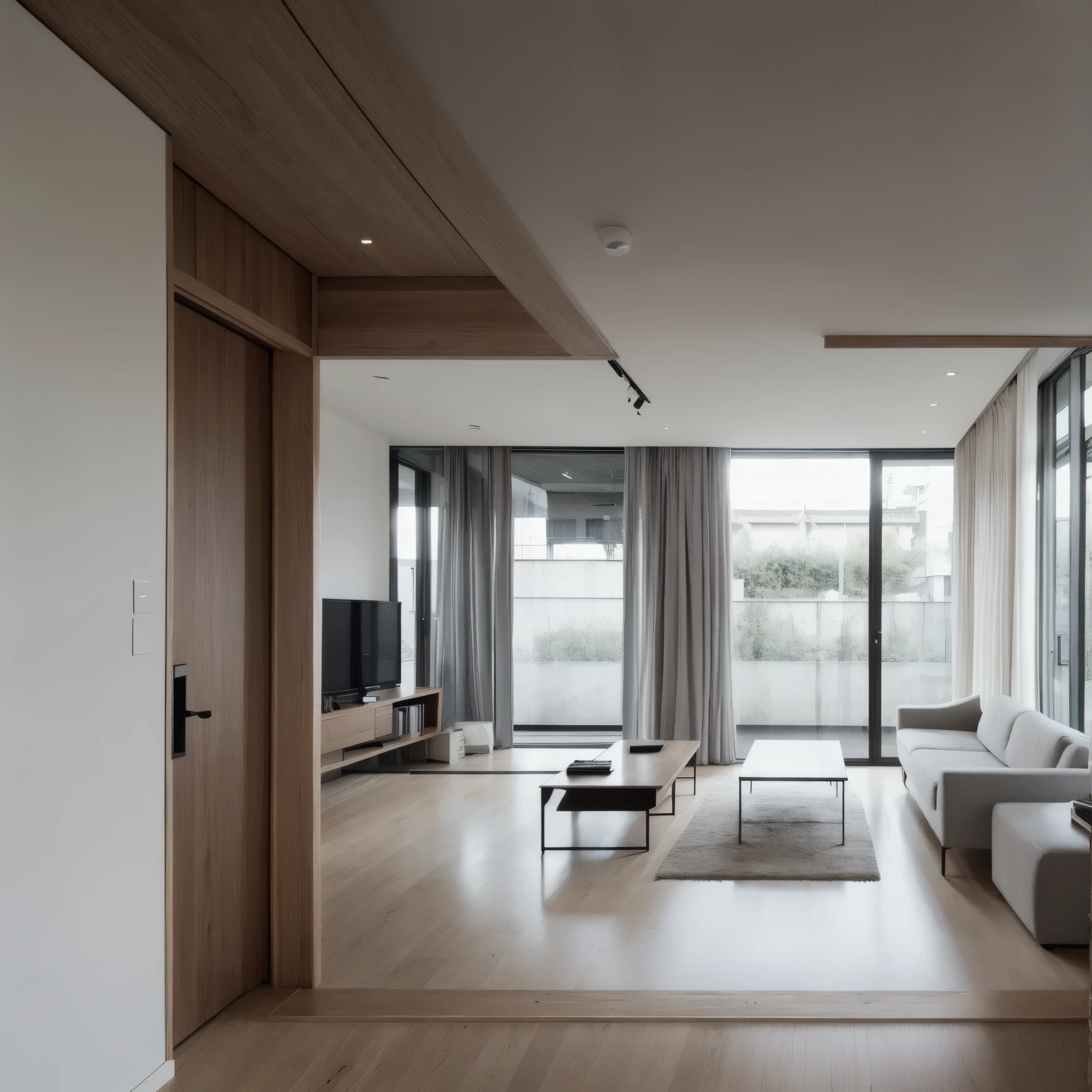 minimalish style, architecture, living room, wood, gray