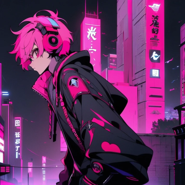 (shortcut), (two block hair), (bright pink hair), (red eyes), (cool pose), (top quality), (masterpiece), (Super detailed), (oversized hoodie), (Street style), (neon), (modern city), (neonデイライト), (cinematic), (stylish), (High resolution), (hyper-detailed), (soft town), (Nightcore), (a handsome guy), (man wearing headphones), (natural appearance of the building), (IG studio anime style), (Low - Angle), (looking at the camera), (Dress like a Gundam pilot)