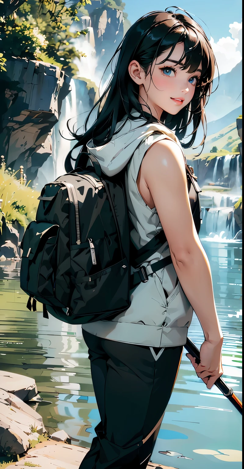 masterpiece、High resolution 8K、sharp focus、contrast lighting、ultra high resolution、ultra high resolution、Detailed CG、Low - Angle、full body shot、Beautiful woman、beautiful eyes、(detailed face and iace:1 2)、narrow eyes、almond eye、brown eyes、gradation eye、highlight:1.2)、(beautiful black hair、long hair、asymmetrical bangs、(plump lips、glossy lips、small chest size) 、(oval face : 1.4)、(thin fingered arms、detailed human hand)、川でWoman Fishing、Beautiful and wide river、Flowing waterfall、rock surface、moss、forest、Mont、blue sky、Flowing clouds、vapor、mist、full body pose、Holding a fishing rod in your hand、Fishing lure rod、Outdoor Vest、hoodie、Waders、Long pants for fishing、Big backpack)、Have a long fishing rod、Hold the fishing rod facing the water surface、Woman Fishing、naughty smile、teeth visible、Angle from the front、Standing in the river