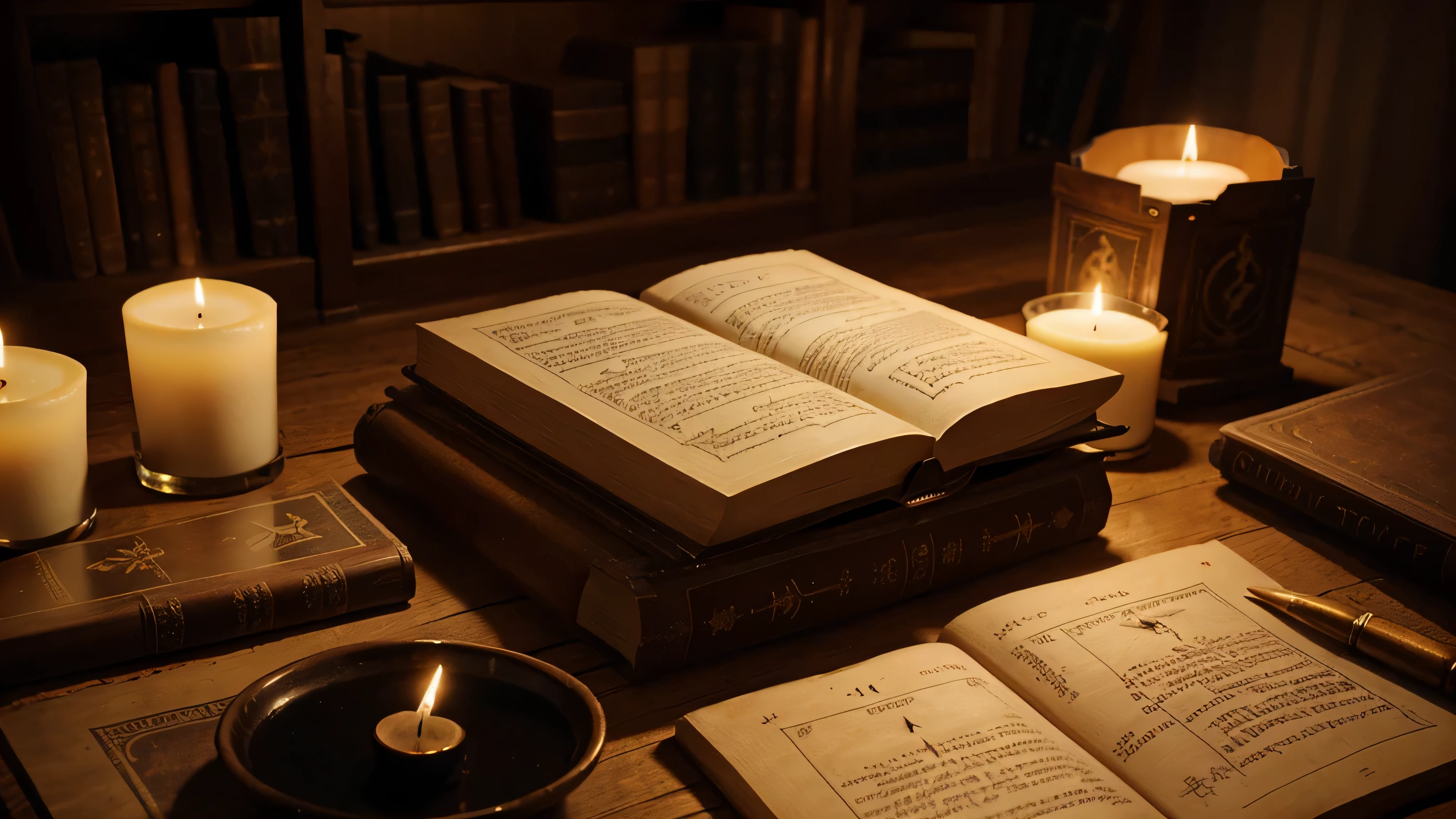 occult book on a pedestal, candles around, mysterious drawings and pictogram on the page of the book, dim lighting,