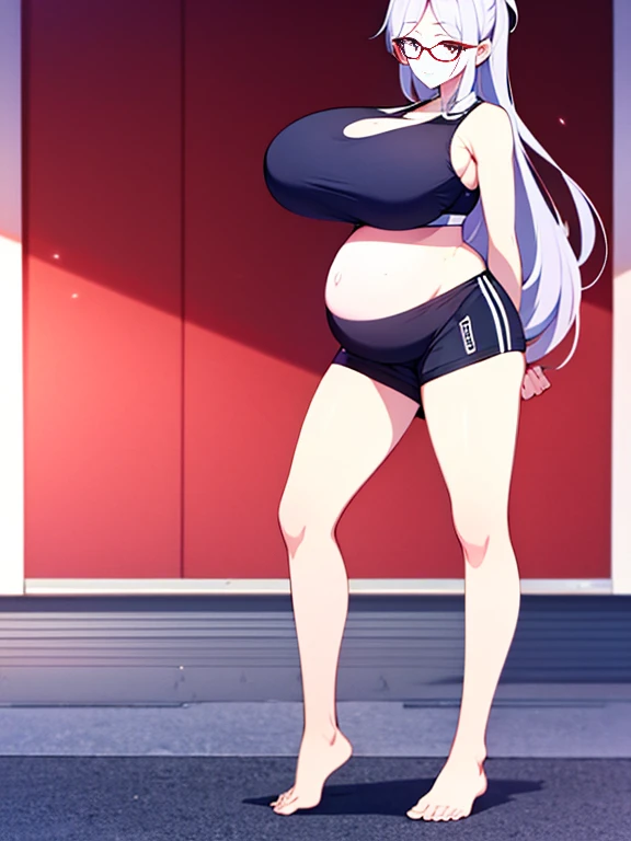 full body, standing, barefoot, thicc, uncovered belly belly, very big breasts, pregnant, long hair, sports bra, very thight shorts, glasses