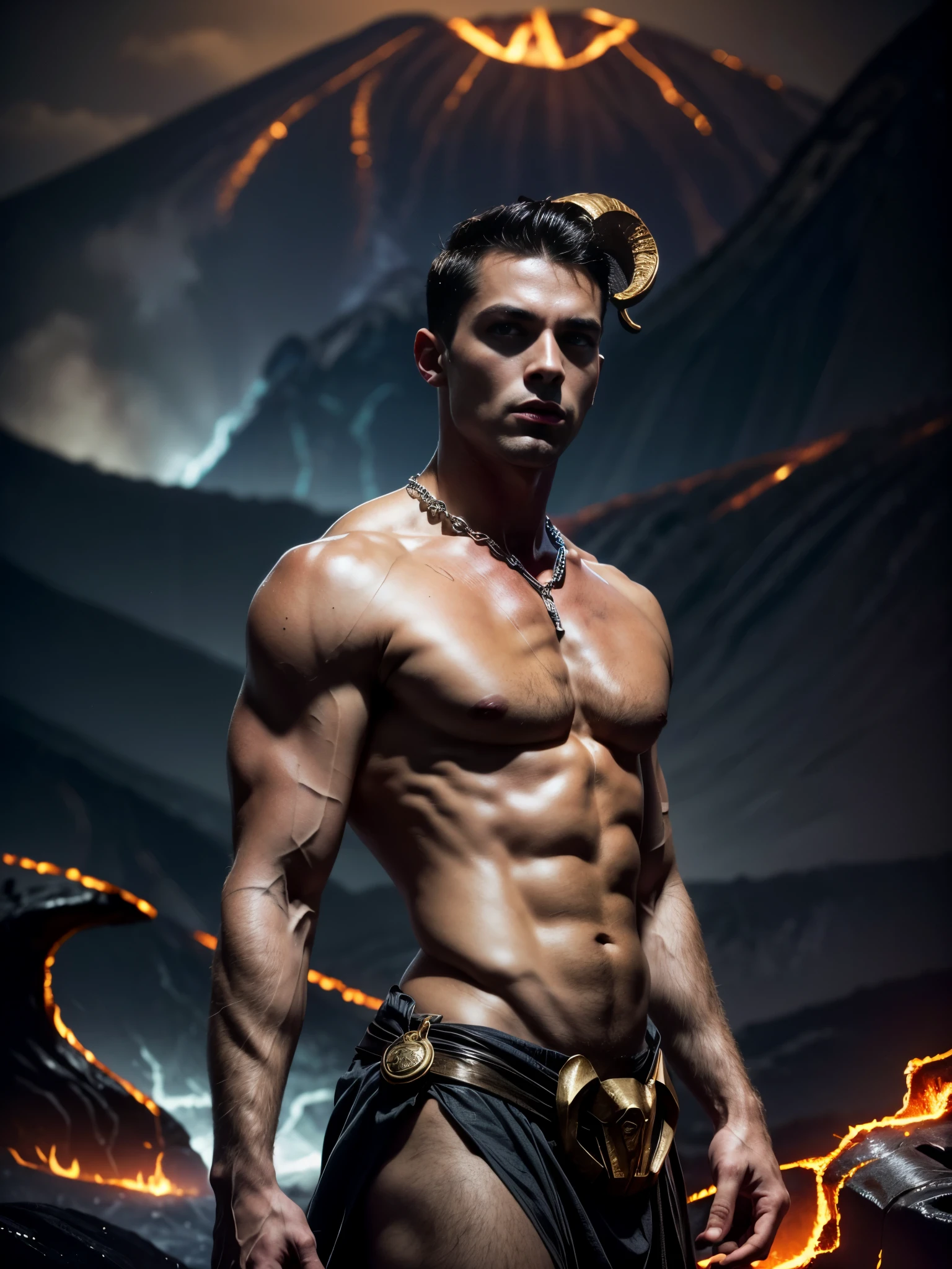 Photorealistic, ((best quality)), ((masterpiece)), (detailed), 1boy, 8k, high detailed, ultra-detailed, Stylish Pose, real skin texture, dark cinematic lighting, 24 year-old british male model, handsome italian, cute looking, divine look, powerful, (blue eyes:1.5), (personification of Aries, the zodiac sign:1.4), Zodiac sign, aries, (wild sheep horns coming out of his hairline:1.3), (buzz cut hair:1.2), shaved face, white pale skin, amazing physic, dry messy hair, short brown wavy messy hair, strong jawline, masculine, muscular, defined fit body, hairless chest, shirtless, topless, barechested, half naked, pantless, sinister aesthetic, black storm clouds,(rocky volcano:1.5), (lava:1.6),lava pouring , rivers of lava, walking towards the camera, isolated, in the middlea nowhere, night dark, barelegged, barechest, barefoot, antique linen spartan loincloth , white linen antique draped cloth skirt, golden chain in roman skirt,,,, dim light, (dark background:1.2), cinematic lighting, Depth of field, award-winning photography, elegant, hyperrealistic, octane render, unreal, high definition, 8k resolution, highly detailed, 8k uhd, professional lighting, photon mapping, radiosity, physically-based rendering