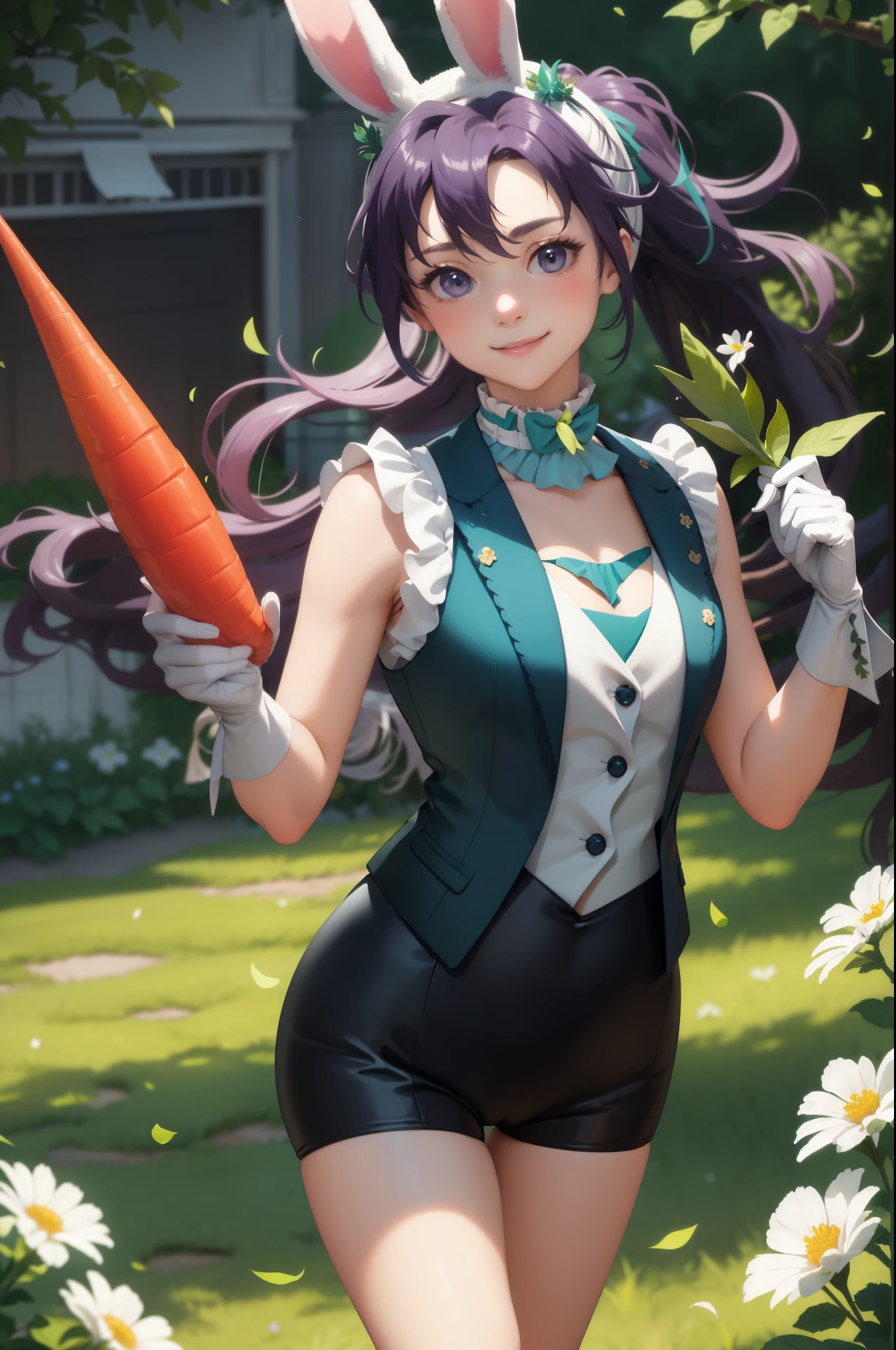 masterpiece, best quality, fefir, fake bunny ears, green leotard, white gloves, bunny tail, looking at viewer, smile, holding a carrot, garden, spring 