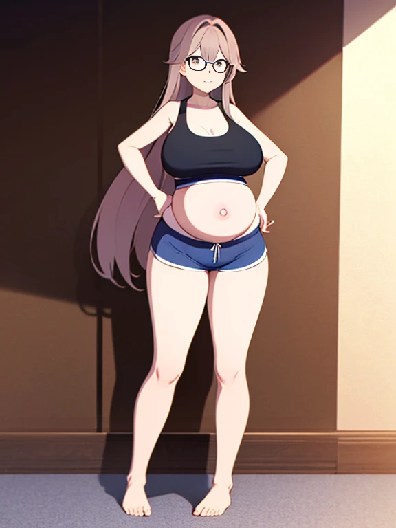 full body, standing, barefoot, thicc, uncovered belly belly, very big breasts, pregnant, long hair, sports bra, very thight shorts, glasses