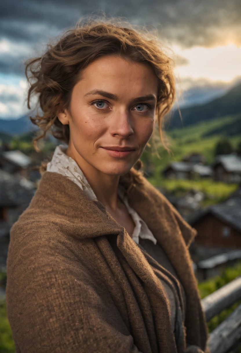close up,dramatic lighting, photo-realistics, Grindelvald village background, Switzerland, little smile on face, one woman, perfect faces, detailed eyes,