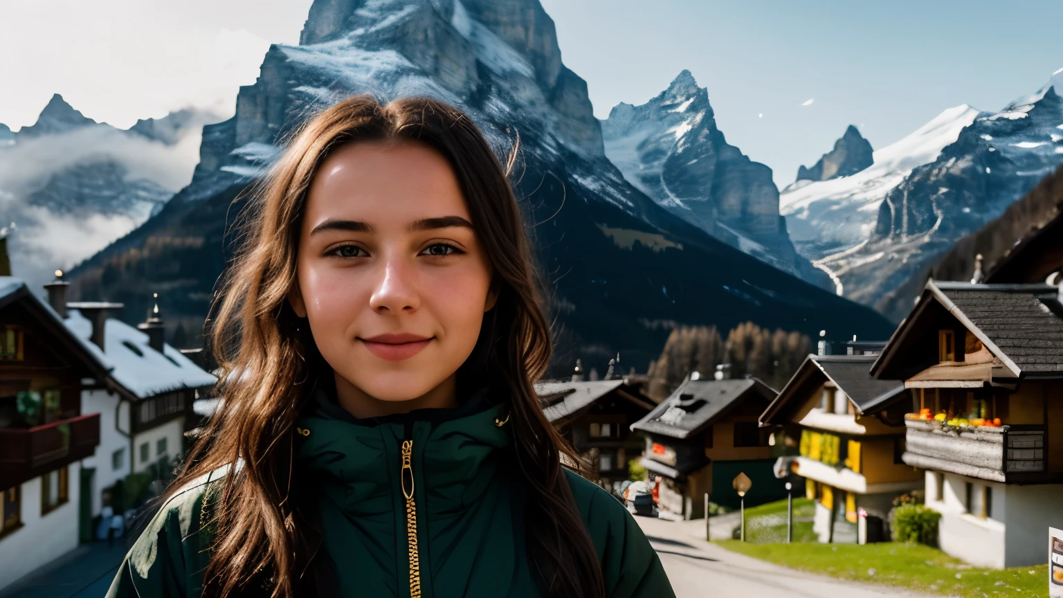 Stunningly complex full-color imagery of (sks girl:1), Great character elements, By Ilya Kuvchinov, Alessio Albi, Nina Masik, Sharp focus, natural light, subsurface scattering, F2, 35mm, Film texture, The backdrop is the village of Grindelwald., Switzerland, smile a little