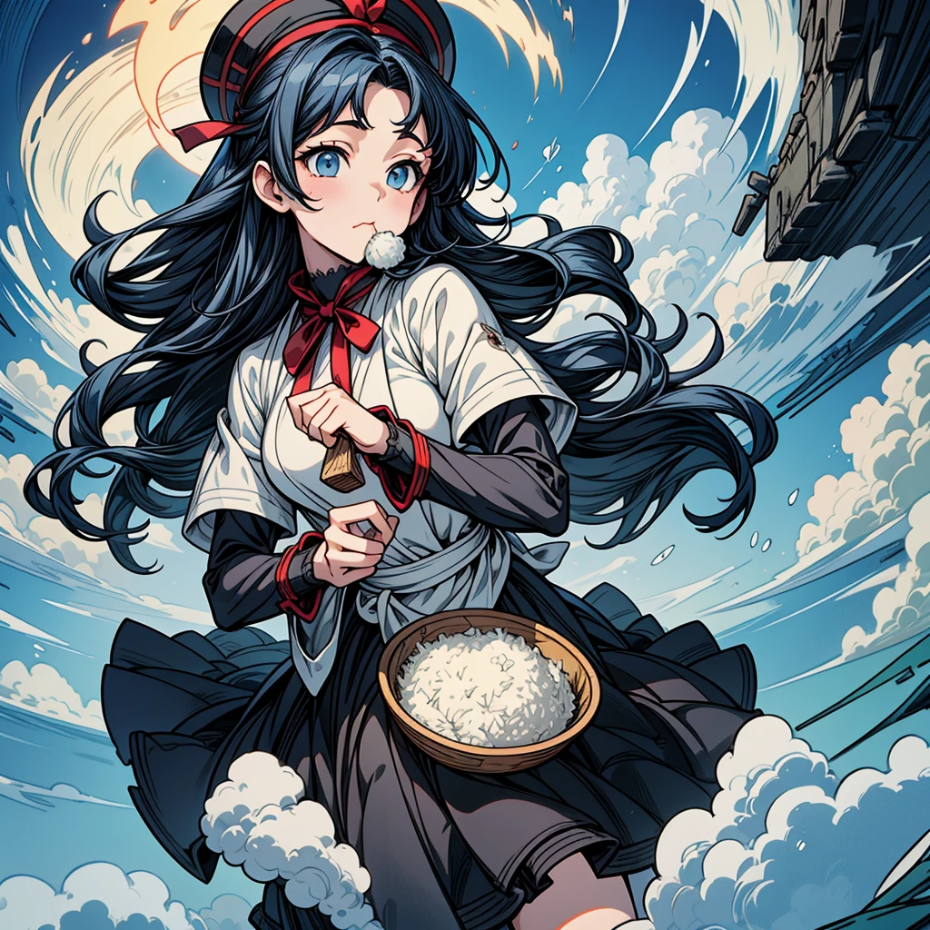 NSFW、master piece、high quality、high resolution、High resolution、high contrast、Angle looking up from diagonally below、Realistic anime style、Rich and delicate drawings、Triangular rice balls、(Girl eating a large triangular rice ball with seaweed)、Cute girl with swollen cheeks、Plenty of rice balls、Eating happily and deliciously、Cute and comical anime-style illustrations