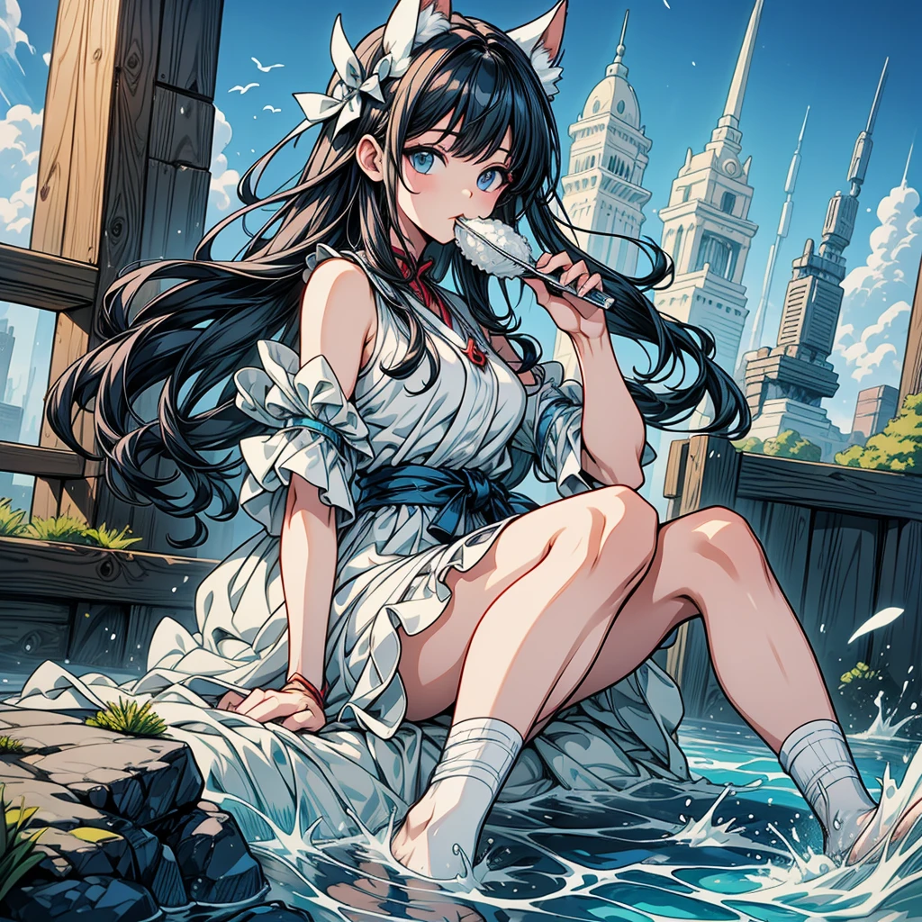 NSFW、master piece、high quality、high resolution、High resolution、high contrast、Angle looking up from diagonally below、Realistic anime style、Rich and delicate drawings、Triangular rice balls、(Girl eating a large triangular rice ball with seaweed)、Cute girl with swollen cheeks、Plenty of rice balls、Eating happily and deliciously、Cute and comical anime-style illustrations