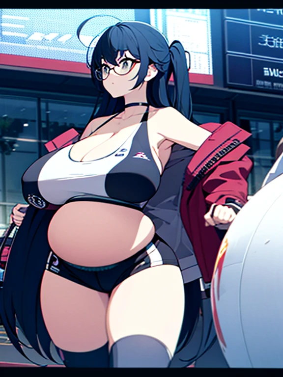 full body, standing, barefoot, thicc, uncovered belly belly, very big breasts, pregnant, long hair, sports bra, very thight shorts, glasses