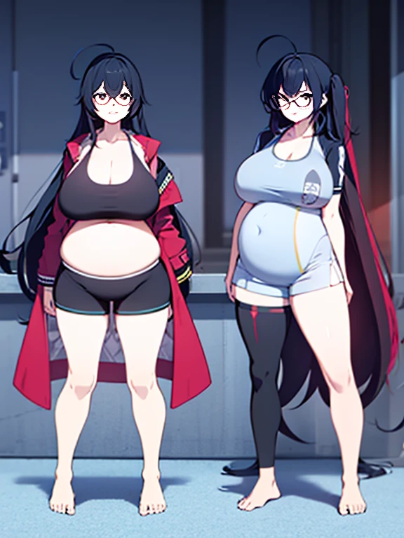 full body, standing, barefoot, thicc, uncovered belly belly, very big breasts, pregnant, long hair, sports bra, very thight shorts, glasses