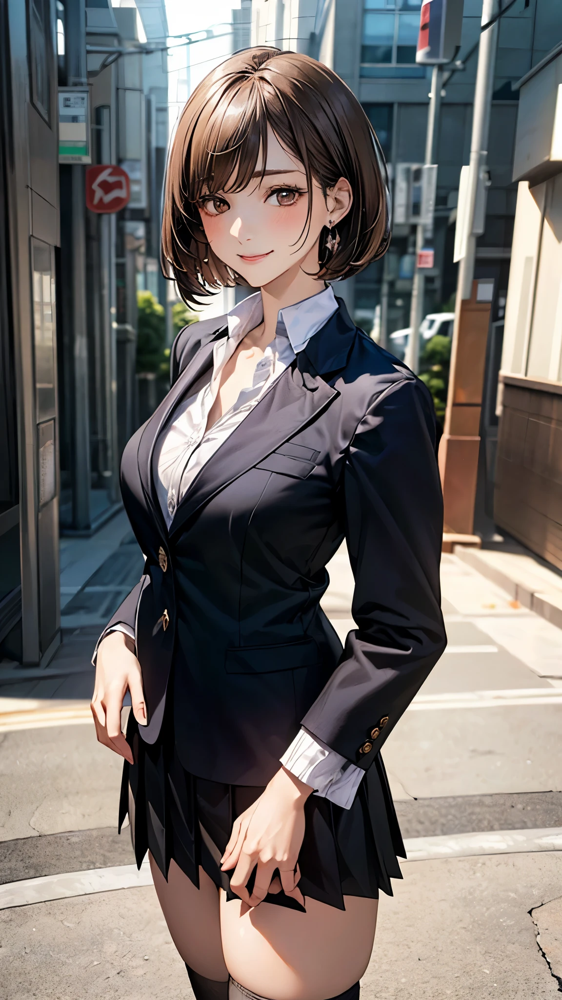 (masterpiece:1.2, top-quality), (realistic, photorealistic:1.4), beautiful illustration, (natural side lighting, movie lighting),
looking at viewer, cowboy shot, front view, 1 girl, japanese, high school girl, perfect face, cute and symmetrical face, shiny skin,
(short hair:1.2, bob cut:1.2, brown hair), swept bangs, dark brown eyes, long eye lasher, (large breasts:0.6, seductive thighs),
beautiful hair, beautiful face, beautiful detailed eyes, beautiful clavicle, beautiful body, beautiful chest, beautiful thigh, beautiful legs, beautiful fingers,
(((black blazer, close blazer), long sleeve white collared shirts, black pleated skirt, black socks)),
(beautiful scenery), evening, street, standing, (lovely smile, upper eyes),