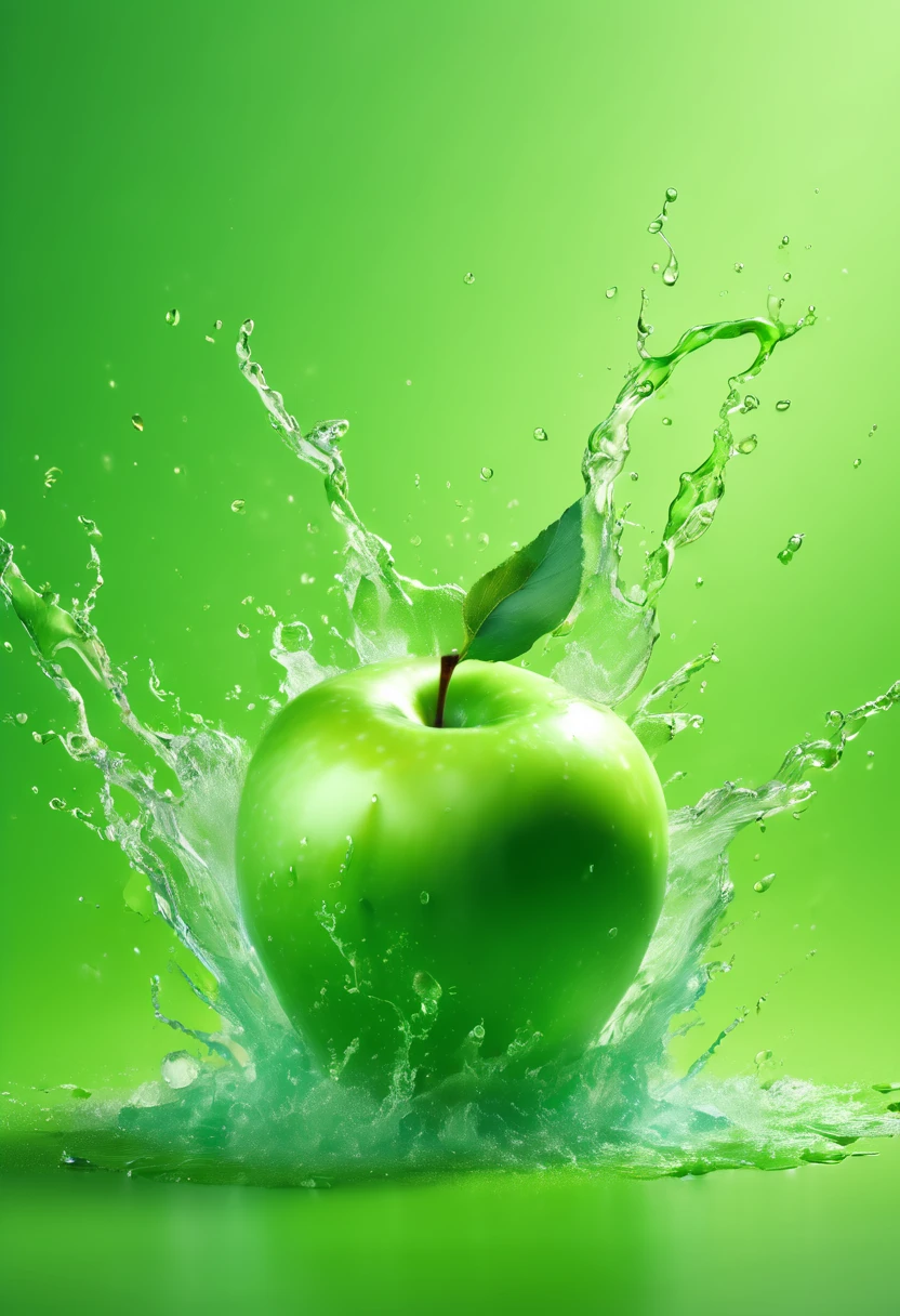 Powerful liquid explosion, apple, green background, commercial photography, bright environment, studio lighting, OC rendering, super details, solid color isolation platform, professional photography, color grading