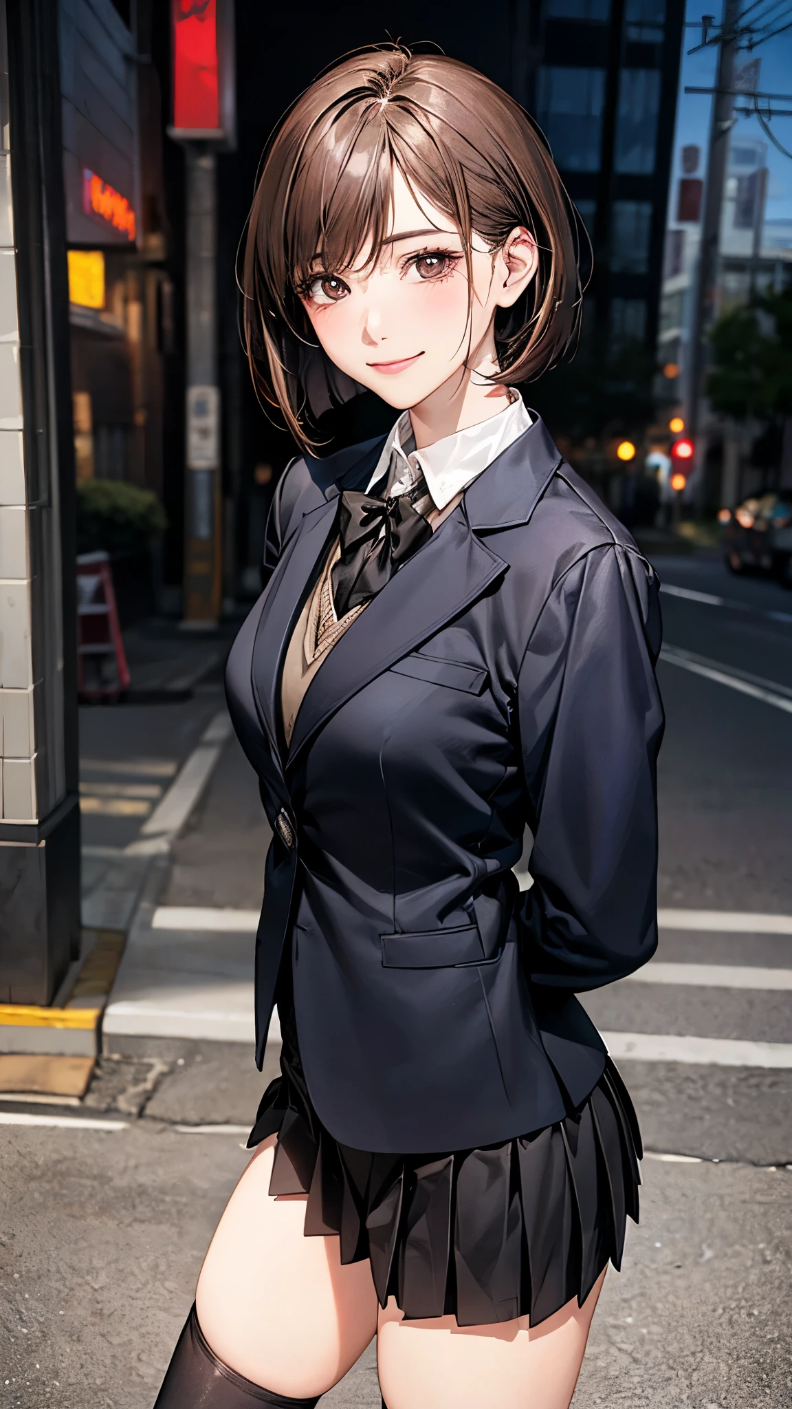 (masterpiece:1.2, top-quality), (realistic, photorealistic:1.4), beautiful illustration, (natural side lighting, movie lighting),
looking at viewer, cowboy shot, front view, 1 girl, japanese, high school girl, perfect face, cute and symmetrical face, shiny skin,
(short hair:1.2, bob cut:1.2, brown hair), swept bangs, dark brown eyes, long eye lasher, (large breasts:0.6, seductive thighs),
beautiful hair, beautiful face, beautiful detailed eyes, beautiful clavicle, beautiful body, beautiful chest, beautiful thigh, beautiful legs, beautiful fingers,
(((black blazer, close blazer), long sleeve white collared shirts, black pleated skirt, black socks)),
(beautiful scenery), evening, street, standing, (lovely smile, upper eyes),