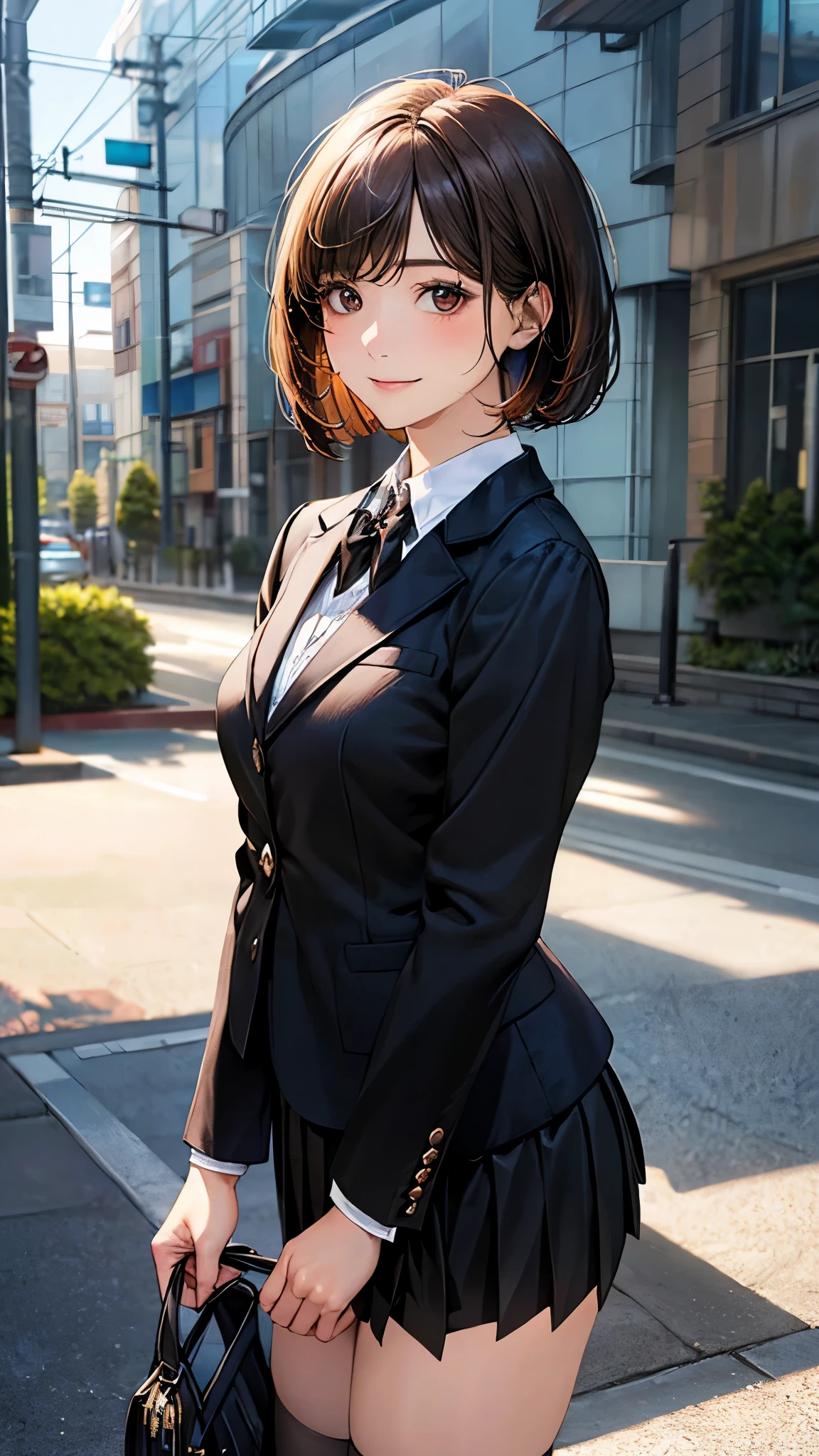 (masterpiece:1.2, top-quality), (realistic, photorealistic:1.4), beautiful illustration, (natural side lighting, movie lighting),
looking at viewer, cowboy shot, front view, 1 girl, japanese, high school girl, perfect face, cute and symmetrical face, shiny skin,
(short hair:1.2, bob cut:1.2, brown hair), swept bangs, dark brown eyes, long eye lasher, (large breasts:0.6, seductive thighs),
beautiful hair, beautiful face, beautiful detailed eyes, beautiful clavicle, beautiful body, beautiful chest, beautiful thigh, beautiful legs, beautiful fingers,
(((black blazer, close blazer), long sleeve white collared shirts, black pleated skirt, black socks)),
(beautiful scenery), evening, street, standing, (lovely smile, upper eyes),
