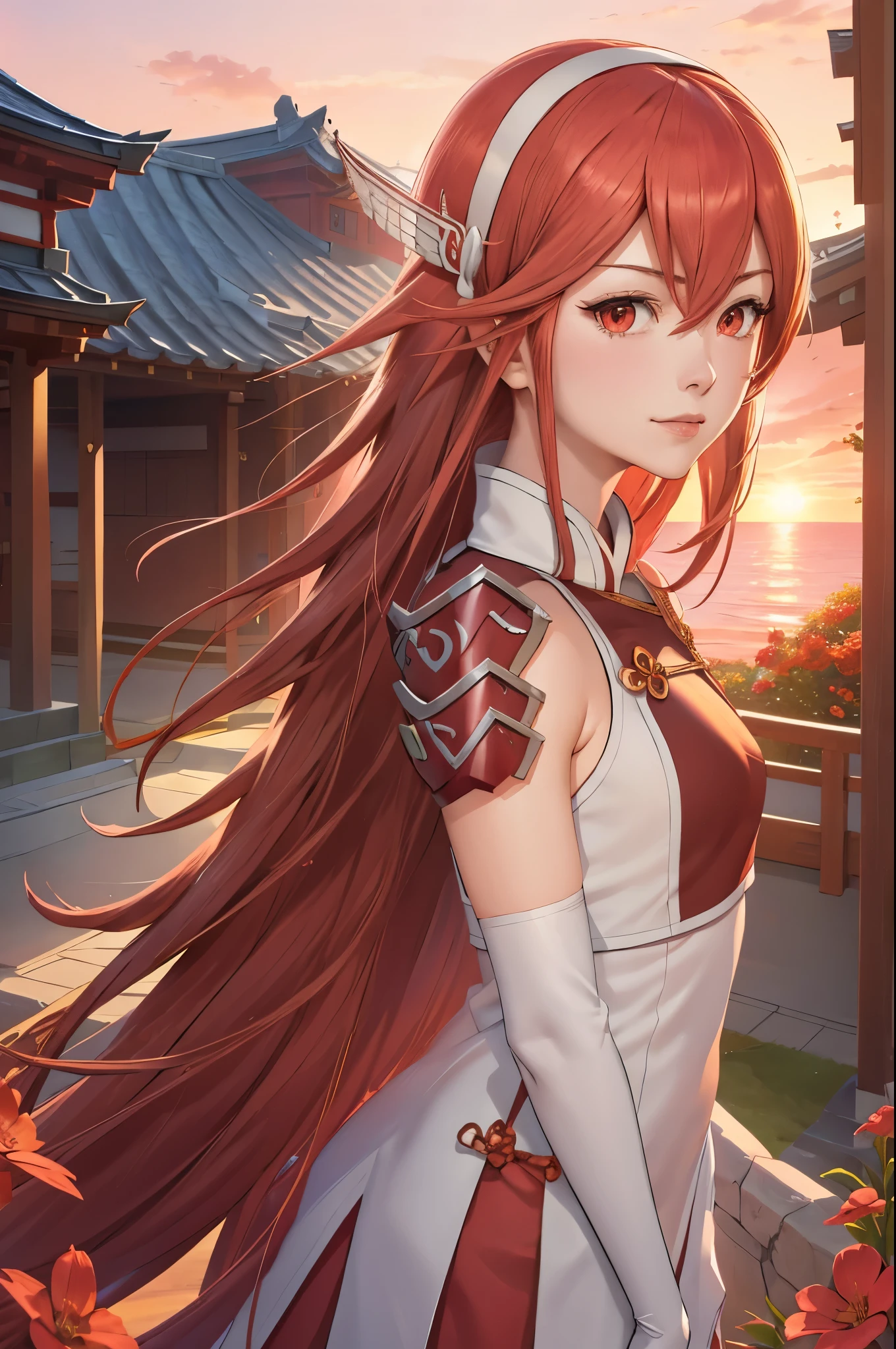 masterpiece, best quality, caeldori, hairband, hair ornament, short dress, shoulder armor, elbow gloves, upper body, japanese architecture, sunrise, pink sky, flowers, looking at viewer, slight smile 