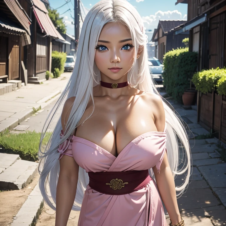 Long white hair, pink irises, large , tan skin, female, kunoichi,