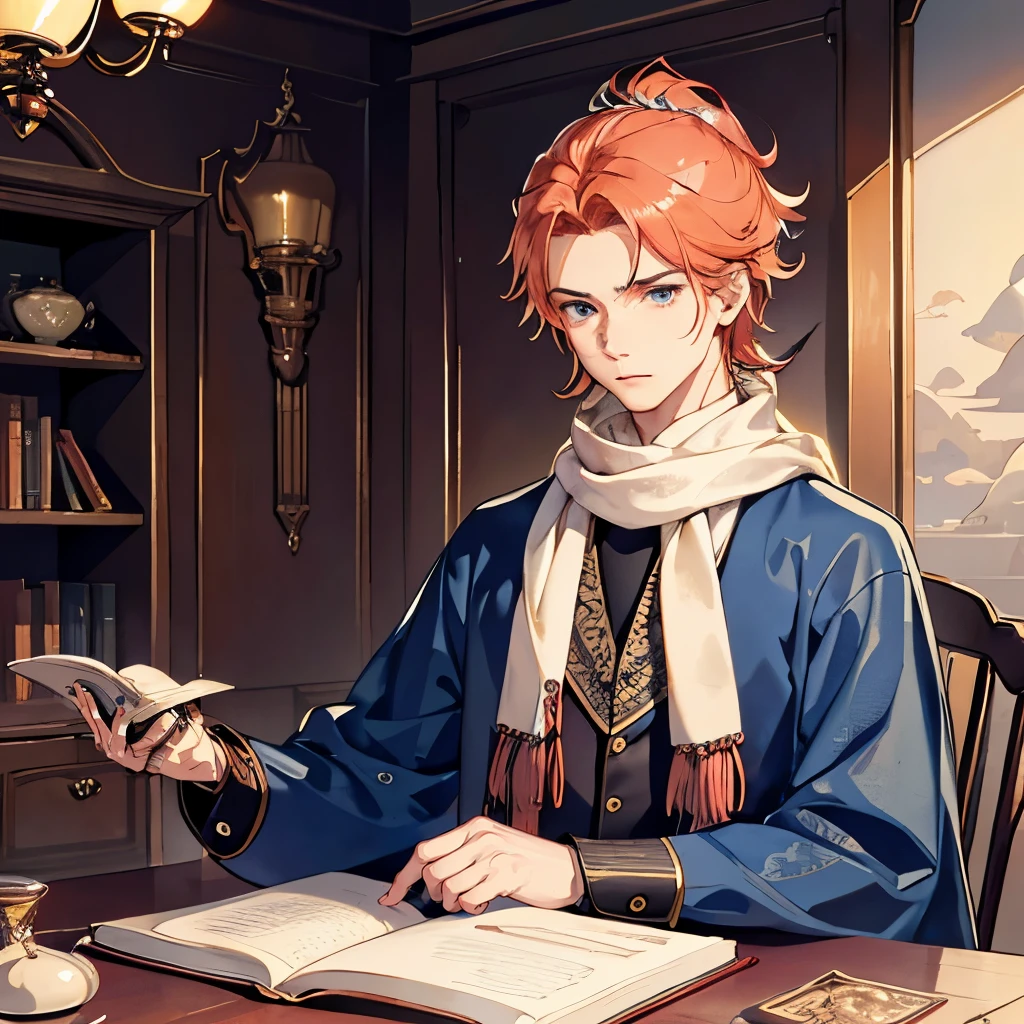((1male)), 8k quality, 8k, ((mid-teen guy)), (young age), light brown Indian skin. (masterpiece), (young looking), head and body silted to left direction, detailed face, cosy vibe, ethereal moonlight coming from the left, close-up photography, wearing a dark brown coat, a minimal cinematic photography of a teenage young guy squinting his eyes while staring at the viewer, empty eyes, volumetric lighting, dynamic lighting, raytracing, RTX, (peach-coloured hair), emotionless innocent expression, (blue crystal eyes), glowing eyes, hyperrealistic lighting, (dramatic lighting), short hair, smooth details, ((short hair)), drawn by Sam Yang, white eyebrows, while eyelashes, pink and red sunlight hitting him, he is 14 years old, grey woollen scarf which is wrapped around the neck and flying back, night time, in the style of Sam Yang, sittings on a chair in front of a table, open book on table, luxurious European library, exotic feeling, oil painting, detailed bookshelves, intricate carvings, old world charm, vintage leather chairs, dimly lit, warm color palette, soft ambient light, flickering candlelight, ornate chandeliers, dusty air, aged parchment pages, antique globes, handwritten manuscripts, intricate patterns, wooden floors, high ceilings, stained glass windows, cozy reading nooks, hidden corners, mysterious atmosphere, it feels like stepping back in time, grandeur, sophistication, elegance, artistry, high res,