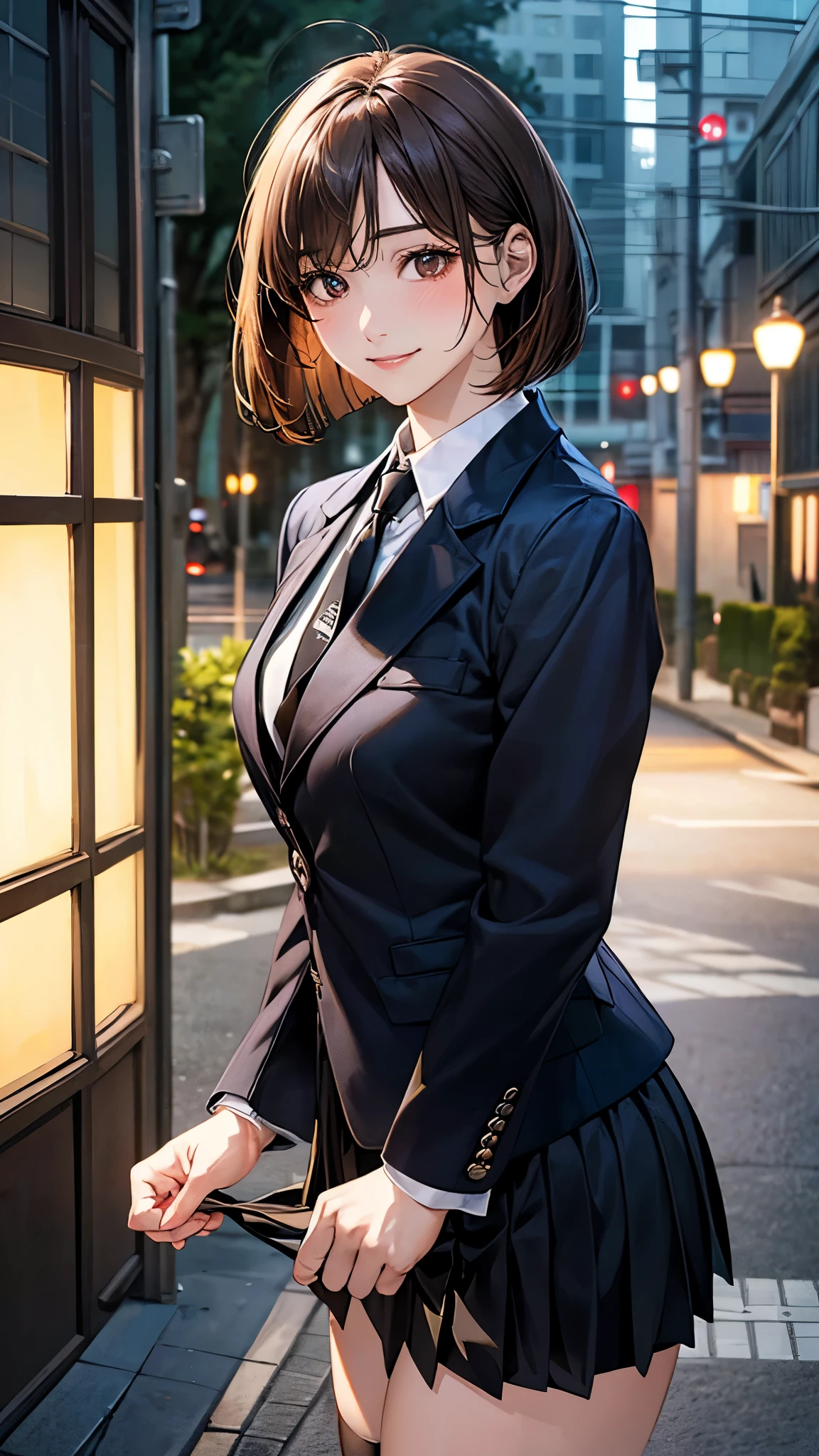 (masterpiece:1.2, top-quality), (realistic, photorealistic:1.4), beautiful illustration, (natural side lighting, movie lighting),
looking at viewer, cowboy shot, front view, 1 girl, japanese, high school girl, perfect face, cute and symmetrical face, shiny skin,
(short hair:1.2, bob cut:1.2, brown hair), swept bangs, dark brown eyes, long eye lasher, (large breasts:0.6, seductive thighs),
beautiful hair, beautiful face, beautiful detailed eyes, beautiful clavicle, beautiful body, beautiful chest, beautiful thigh, beautiful legs, beautiful fingers,
(((black blazer, close blazer), long sleeve white collared shirts, black pleated skirt, black socks, navy tie)),
(beautiful scenery), evening, street, standing, (lovely smile, upper eyes),