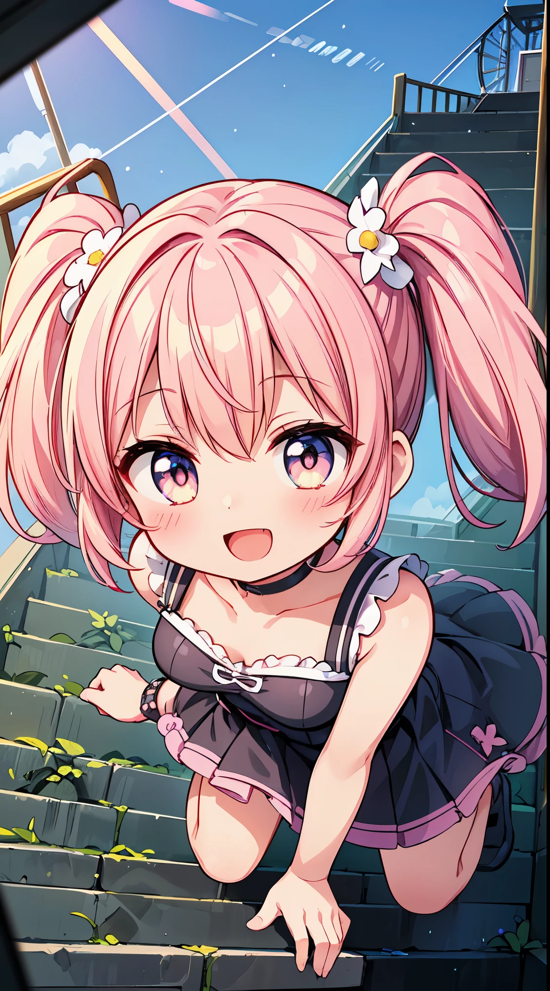 (super fine illustration:1.2),(masterpiece, 8k), (best quality, high quality:1.4), perfect anatomy, hyper detailed, ultra detailed,masterpiece background,beautiful detailed background, v8k wallpaper,perfect design,award-winning art,atmospheric,


BREAK,  1 beautiful girl, Solo,(Cute:1.5),(Chibi:0.8), (kawaii:1.5),(:0.5), BREAK, (girl, Cute, Cheerful,  face, medium breasts:1.2),(Pink hair,disheveled short twin tails,tareme,Gold eyes:1.2),gleaming skin,Clear skin, cleavage of the breast,Beautiful , gleaming skin,Clear skin, Beautiful skin,( A smile:1.5),(best quality face),(Top quality glowing eyes),(The best smile,:D:1.45),

BREAK, (smile:1.1), detailed one-piece dress, mini skirt,  BREAK, (Amusement park:1.2), (attractions, theme parks, roller coaster:1.2), (ferris wheel:1.2), (flower, fountain:1.2), (outdoor:1.2), beautiful detailed sky, dating, sunlight, beautiful lighting, volumetric lighting,


BREAK,wakame,wakame,wakame,(llooking up,from front above:1.5) , dynamic angle,

(going up on stairs:1.5),


BREAK,(Blurry background:1.3),(absurderes, hight resolution, Super Detail Art),cel shading,Clear Color, Lonely optical effect, Beautiful pictures, Bright glow, mystic atmosphere,(Close-up of girl:1.1), Mystical light particle effect,manga influence, clean line drawings, 