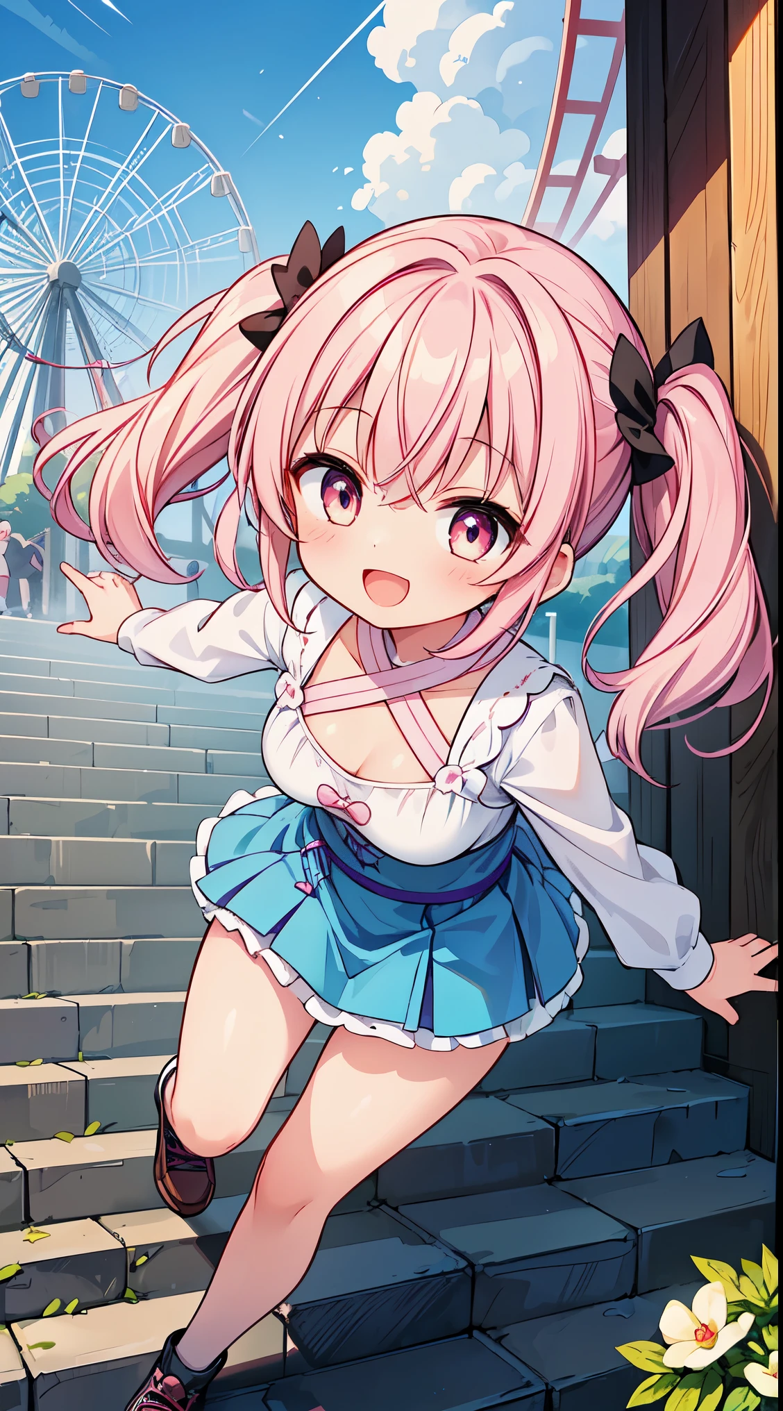 multiple views((1 girl))((voiceroid))((Akane Kotoha))Happy,outdoor,station,Mini One Piece,panties,Pink Straight Hair,red ribbon,light blue knee socks,whole body,from below