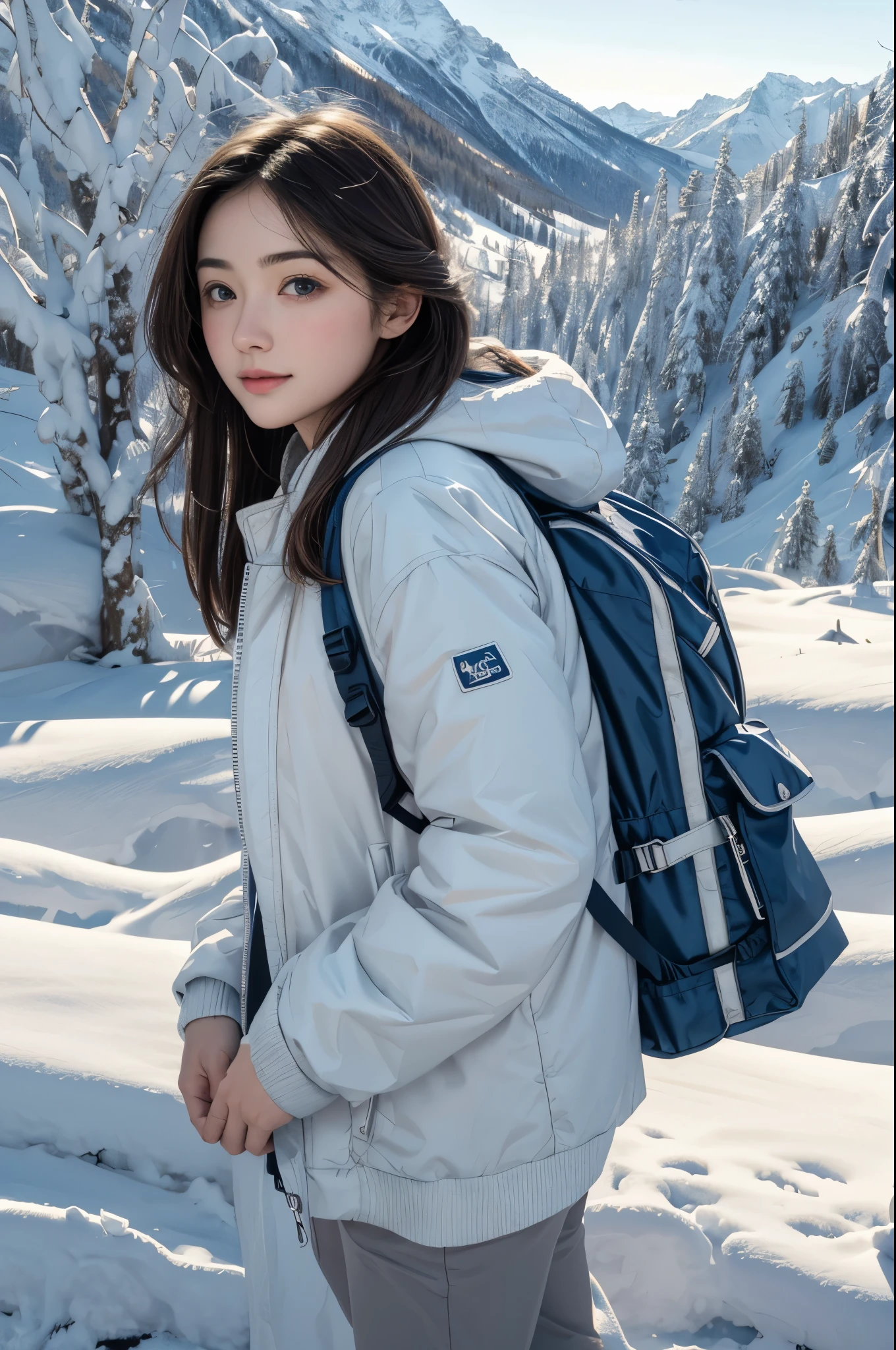 (best quality,4k,8k,highres,masterpiece:1.2),ultra-detailed,(realistic,photorealistic,photo-realistic:1.37),snow-capped mountain peak,beautiful girl with rosy cheeks,twinkling eyes,long flowing hair,thick woolen coat,gloved hands,small backpack,hiking boots,serene winter landscape,portraits,vivid colors,cold blue and white tones,soft natural lighting.