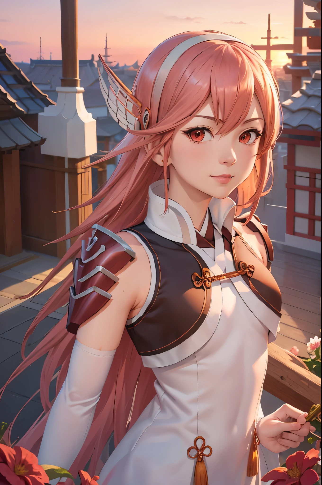 masterpiece, best quality, caeldori, hairband, hair ornament, short dress, shoulder armor, elbow gloves, upper body, japanese architecture, sunrise, pink sky, flowers, looking at viewer, slight smile 