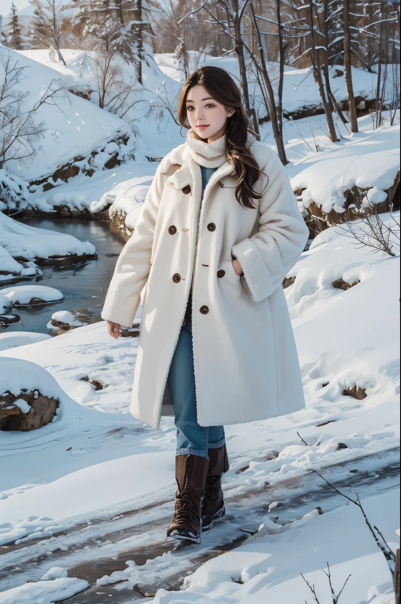 (best quality,4k,8k,highres,masterpiece:1.2),ultra-detailed,(realistic,photorealistic,photo-realistic:1.37),snow-capped mountain peak,beautiful girl with rosy cheeks,twinkling eyes,long flowing hair,thick woolen coat,gloved hands,small backpack,hiking boots,serene winter landscape,portraits,vivid colors,cold blue and white tones,soft natural lighting.