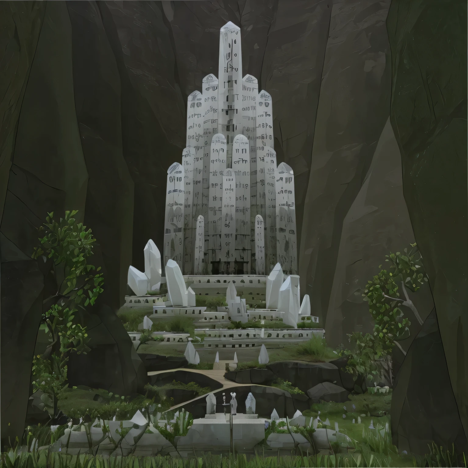 white crystal ethiopian obelisk towers and temple in a mountain