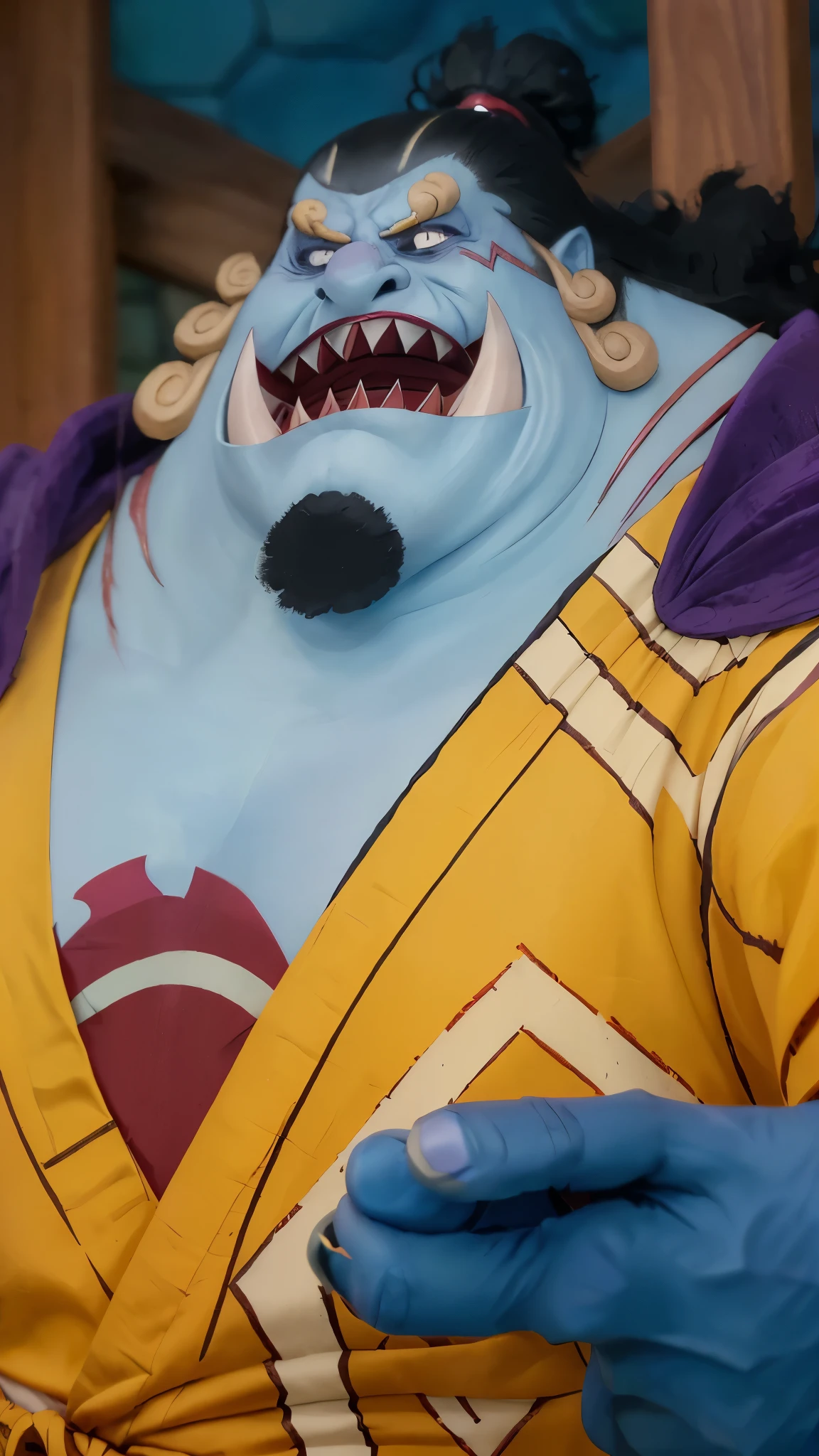 (((Masterpiece))), (((epic realistic))), (((realistic))), (((photorealistic))), (((man))), jinbei from one piece, 30 years old, wide curly hair, black beard, fanged teeth, fish man, wears a kimono, has gills on his neck, wearing a orange robe, wearing geta, (((has 2 big fangs on his teeth))), Behind the character there is a white light, (((detailed fingers,)))