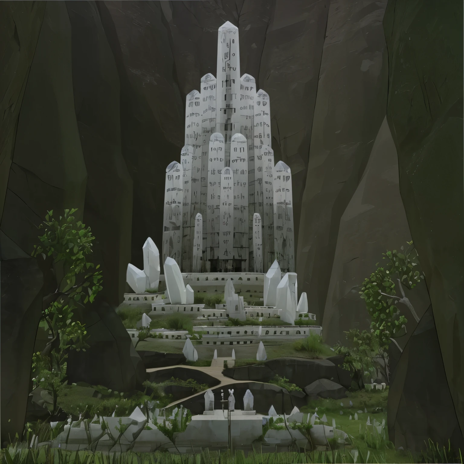 white crystal ethiopian obelisk towers and temple in a mountain
