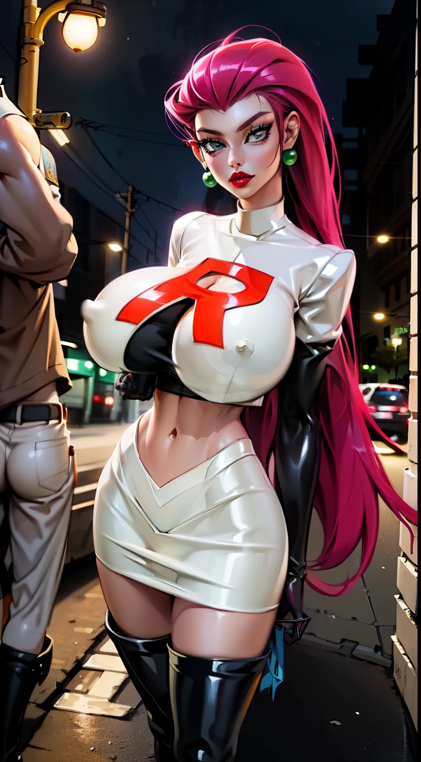 ((Cowboy shot:1.4)) 1 Same Girl , Perfect Beautiful , Pokémon character Jessie, (team rocket uniform) ((Jessie)), ((gigantic breasts:1.2)) (red violet hair), Extreme Detailed Portrait With Bokeh Effect , Realistic Lighting , ( ((black boots)) above knees:1.4), ((long hair:1.2)), (slicked back hair), Night Street View , Dark Vibe , Crowd , Gothic Makeup , (black gloves :1.2), (white skin:1.4) , (red lipstick:1.4), (giant red R on shirt),((white crop top, white skirt))Posing Like a Model , Look at Viewer, cool lighting, blue street lamp light ((moonlight ambiance light:1.0))