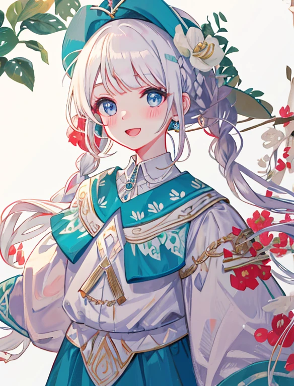 shouhui, 1girl, :d, bangs, blush, braid, floral print, flower, hair flower, hair ornament, long sleeves, looking at viewer, open mouth, simple background, smile, solo, twin braids, upper body, white background, white flower, long hair, blue eyes, skirt, shirt, hat, holding, twintails, jewelry, white shirt, white hair, cowboy shot, earrings, puffy sleeves, collared shirt, artist name, signature, necklace, aqua eyes, leaf, blush stickers, own hands together, plant, red headwear, puffy long sleeves, no nose, limited palette, color guidelimited palette,