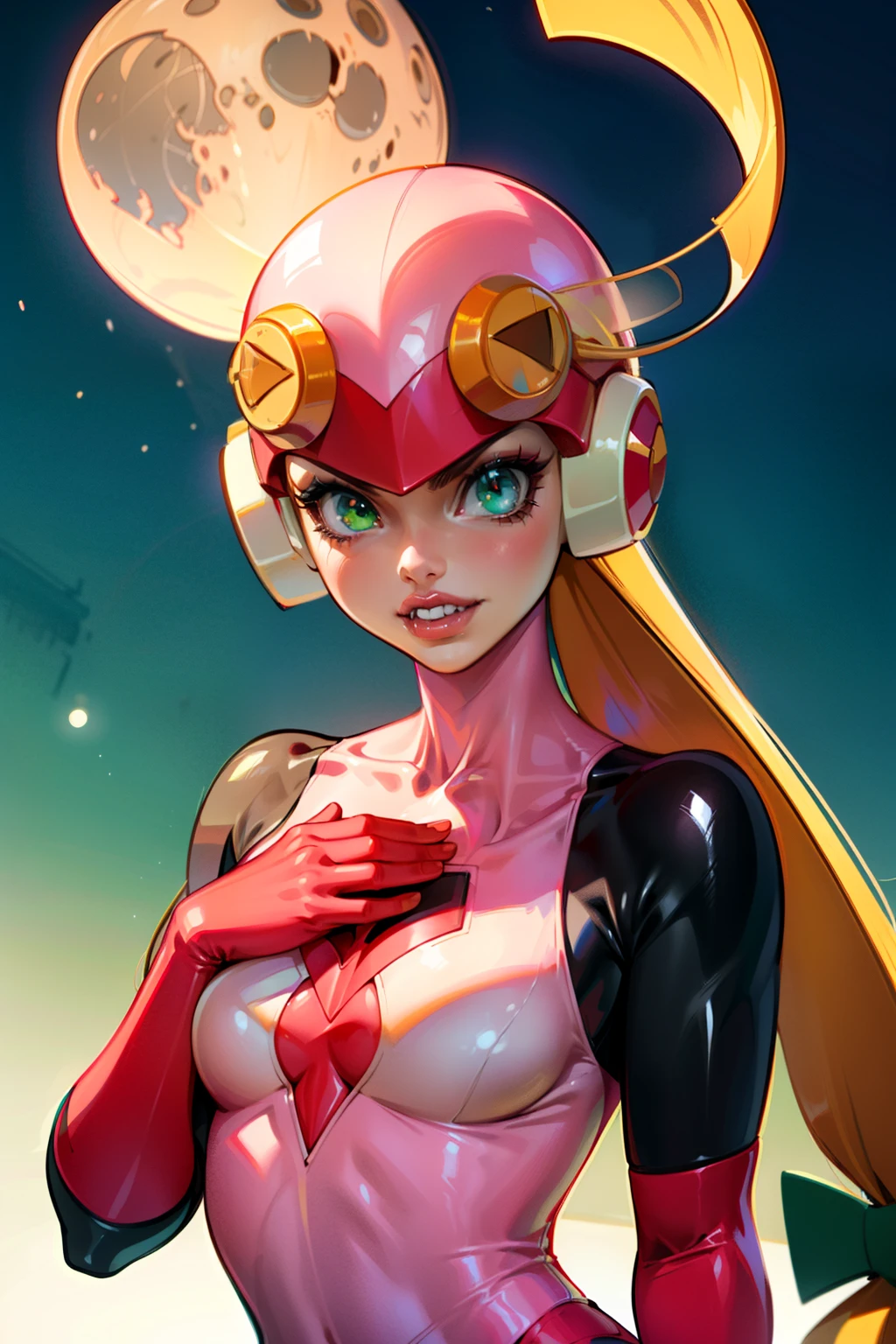 Waifu, masterpiece, curvy, breasts, moon, full moon, gloves, 1girl, clenched teeth, cleavage, large roll_exe_megamanbn,(helmet),blonde hair,long hair,leotard,green eyes,pink bodysuit,bodysuit,, breasts, teeth, ((roll_exe:1.2)), (small breasts:1.4), rating:explicit,rule34, , tits,clenched hands, night, sky, ((pink bodysuit:1.4)),(white skin:1.4), clenched hand, rating:questionable, (((long blonde hair:1.5))), solo, angry, lip biting, official illustration, illustration, detailed face, beautiful intricate eyes, curvy milf, 1:2), closeup, titsnipples