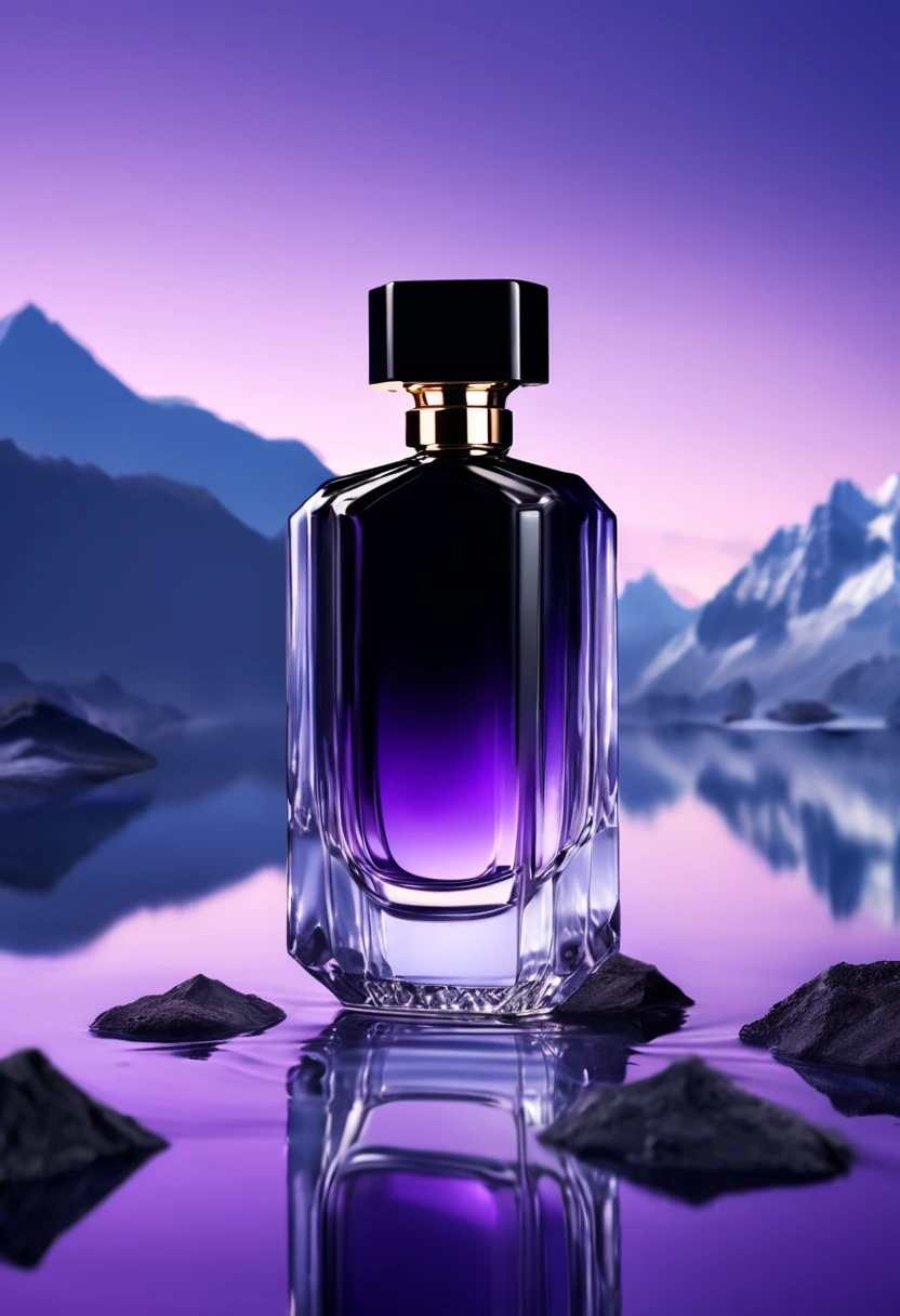 A bottle of black perfume, placed on blue crystal, on water, distant mountains, purple background, commercial photography, real shooting, realistic details, high-definition picture quality